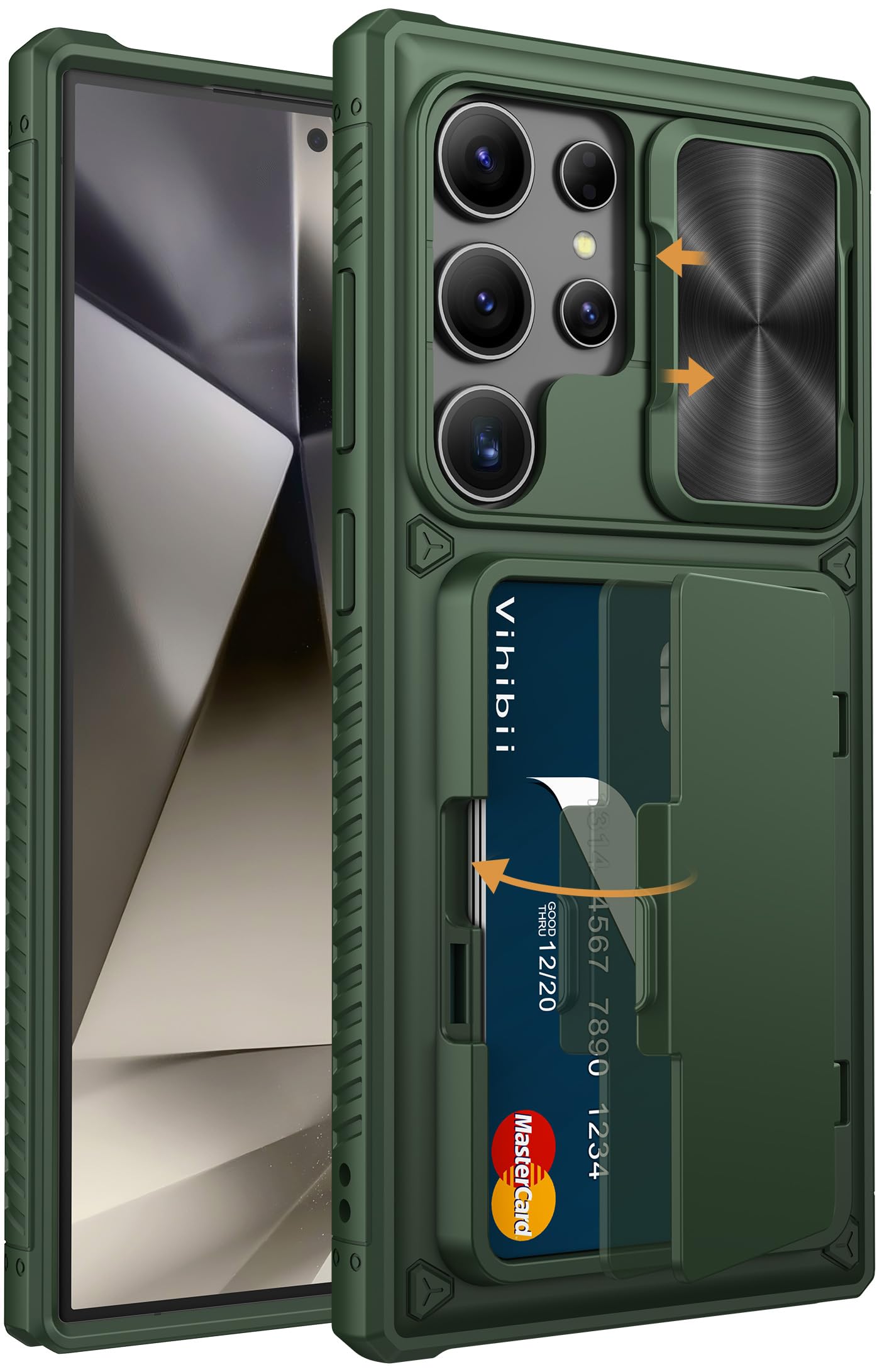 Vihibii For Samsung Galaxy S24 Ultra Case With Card Holder (4 Cards) & Slide Lens Cover & Kickstand & Raised Edges Protect Scree