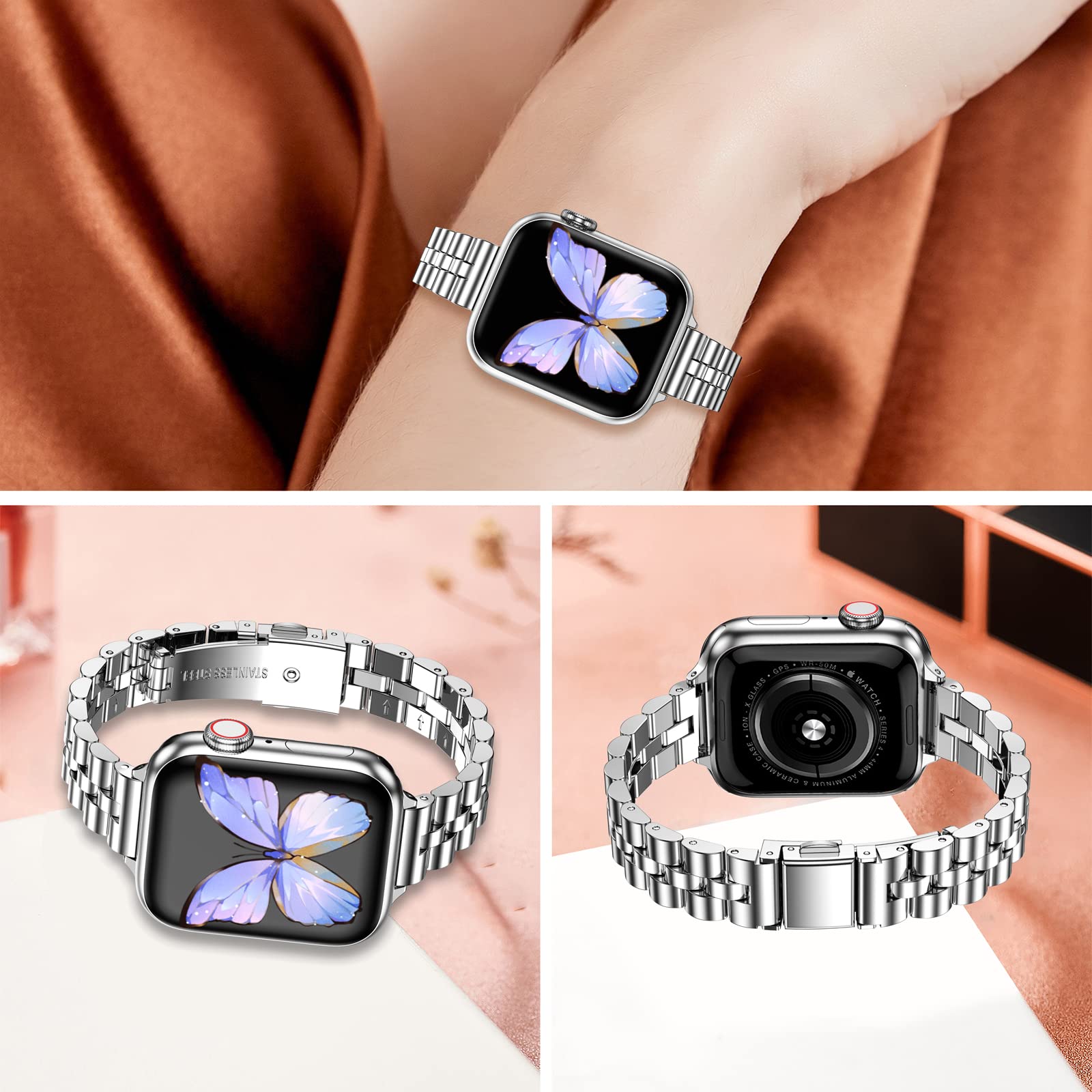 Miohhr Slim Metal Band Compatible With Apple Watch Band 41Mm 40Mm 38,Mm,Dressy Stainless Steel Chain Strap For Women Iwatch Band