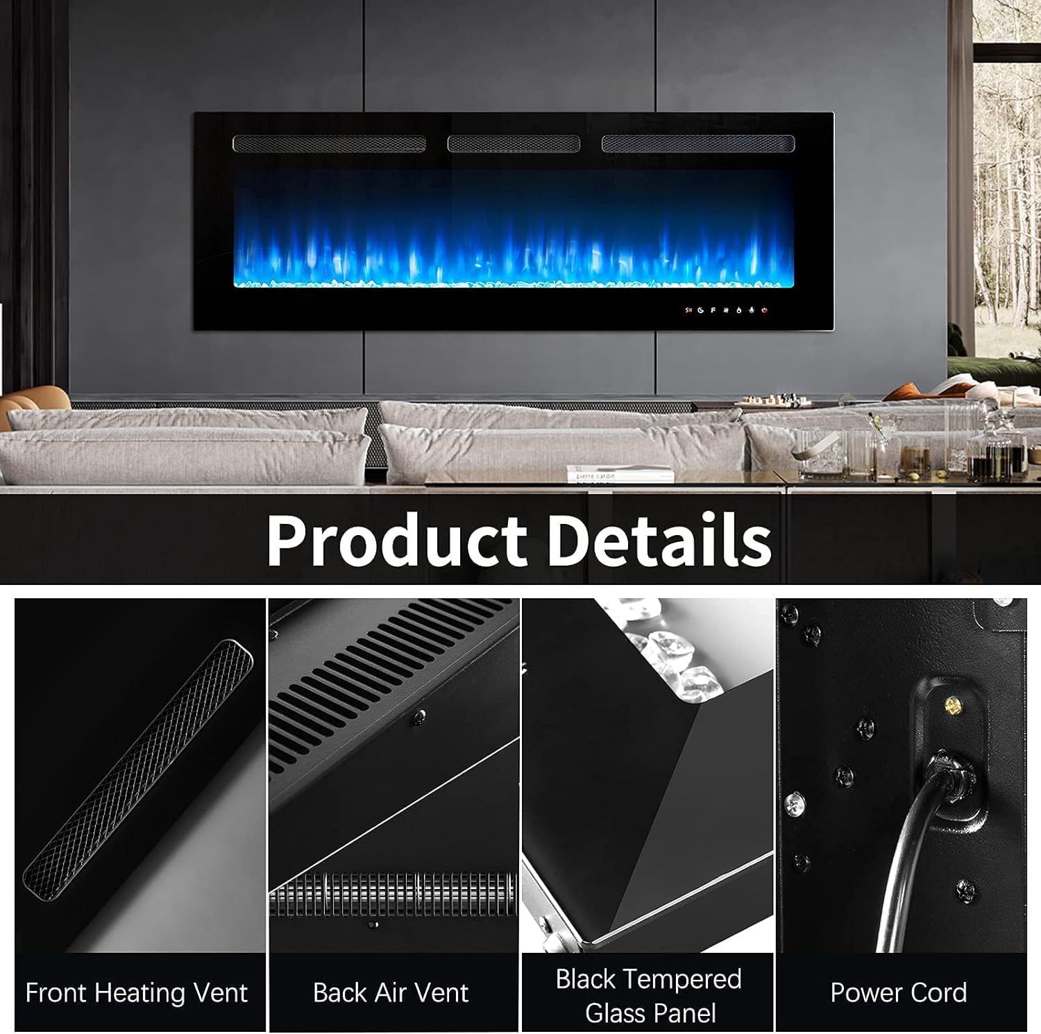 Oneinmil Electric Fireplace, 50 Inch Wide Recessed/Wall Mounted Electric Fireplace, Remote Control With Timer 12 Adjustable Colo