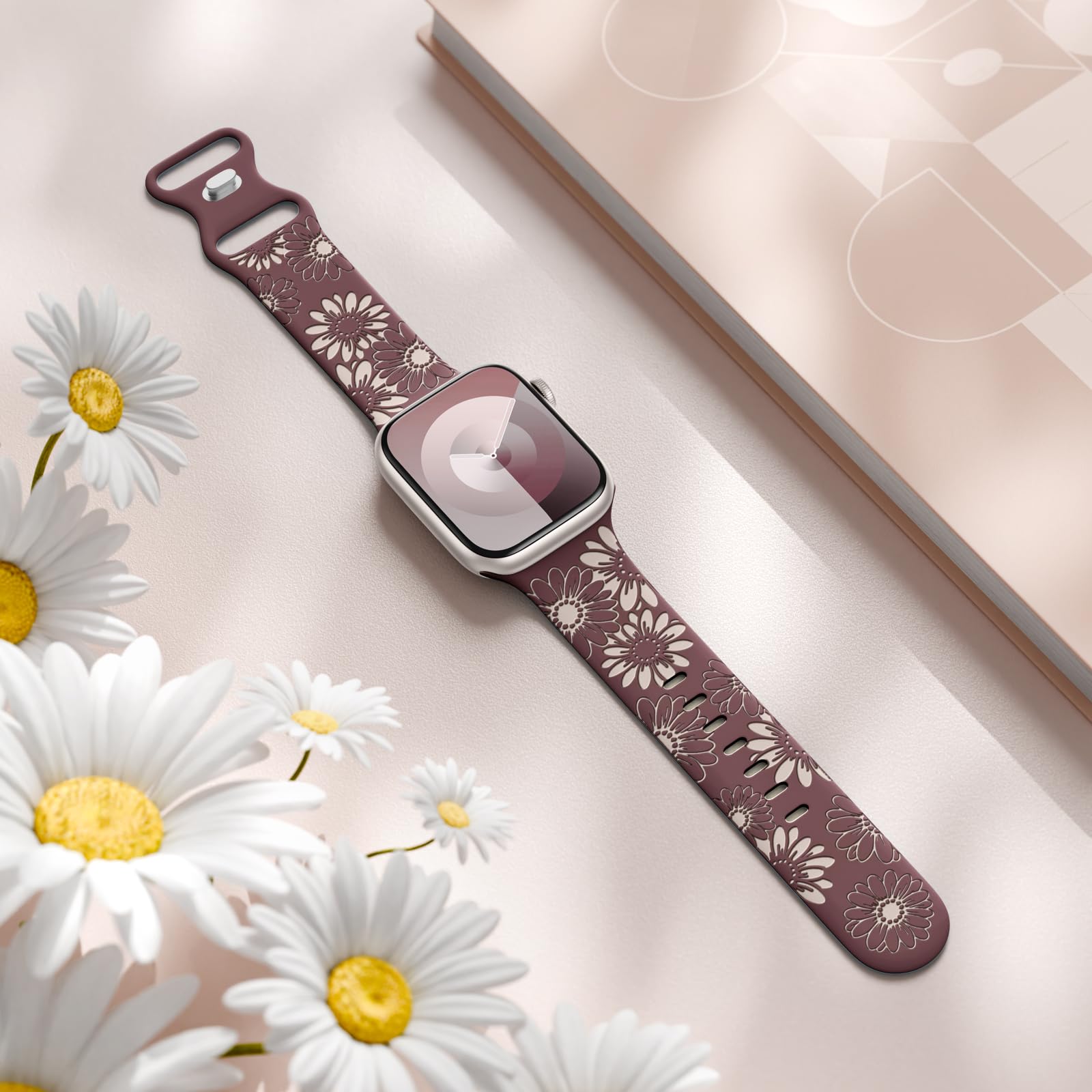 Daqin Floral Engraved Band Compatible With Apple Watch Band 44Mm 45Mm 46Mm 42Mm 49Mm Women, Two Tone Flower Silicone Sport Strap