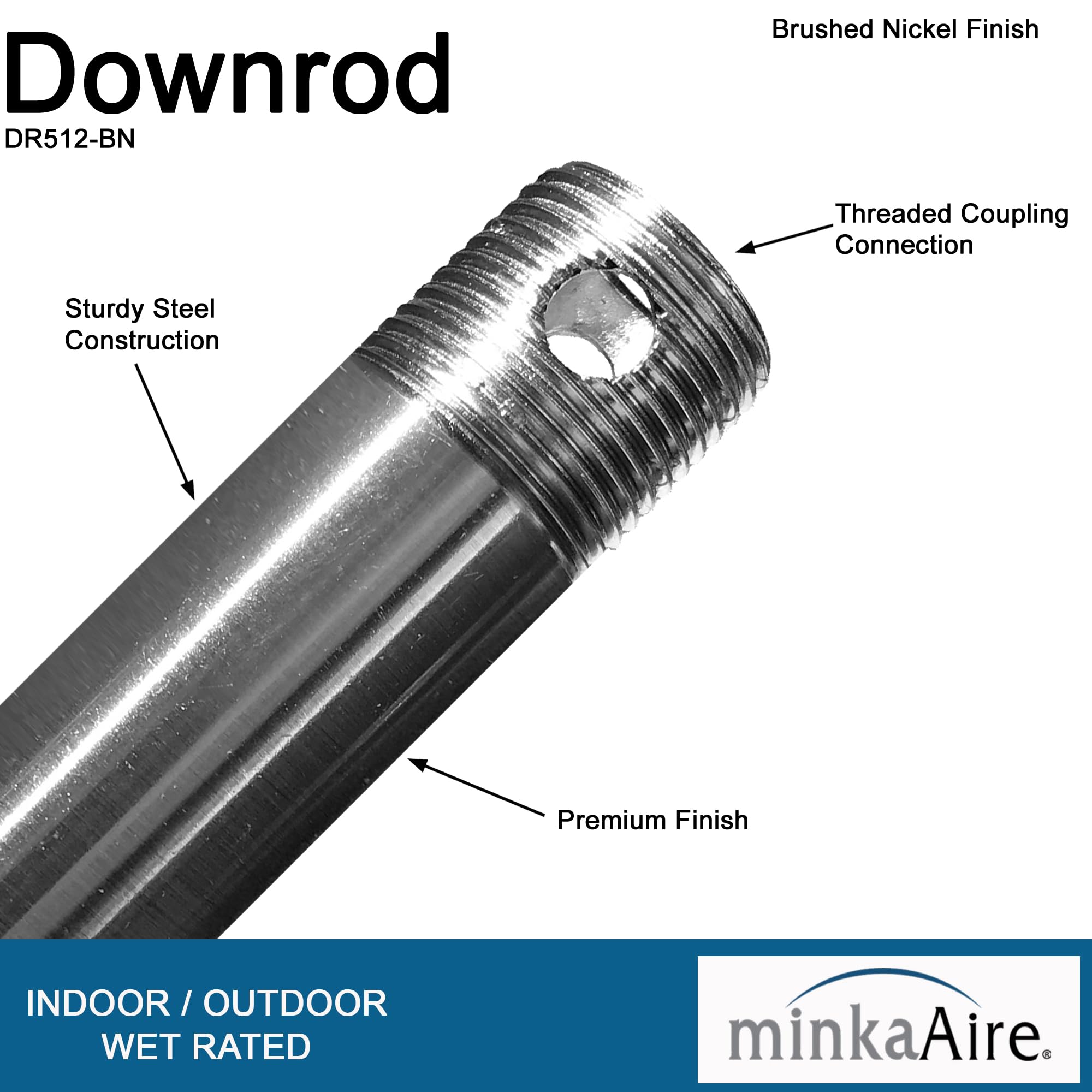 Minka-Aire 12 Inch Ceiling Fan Downrod - Brushed Nickel - Dr512-Bn