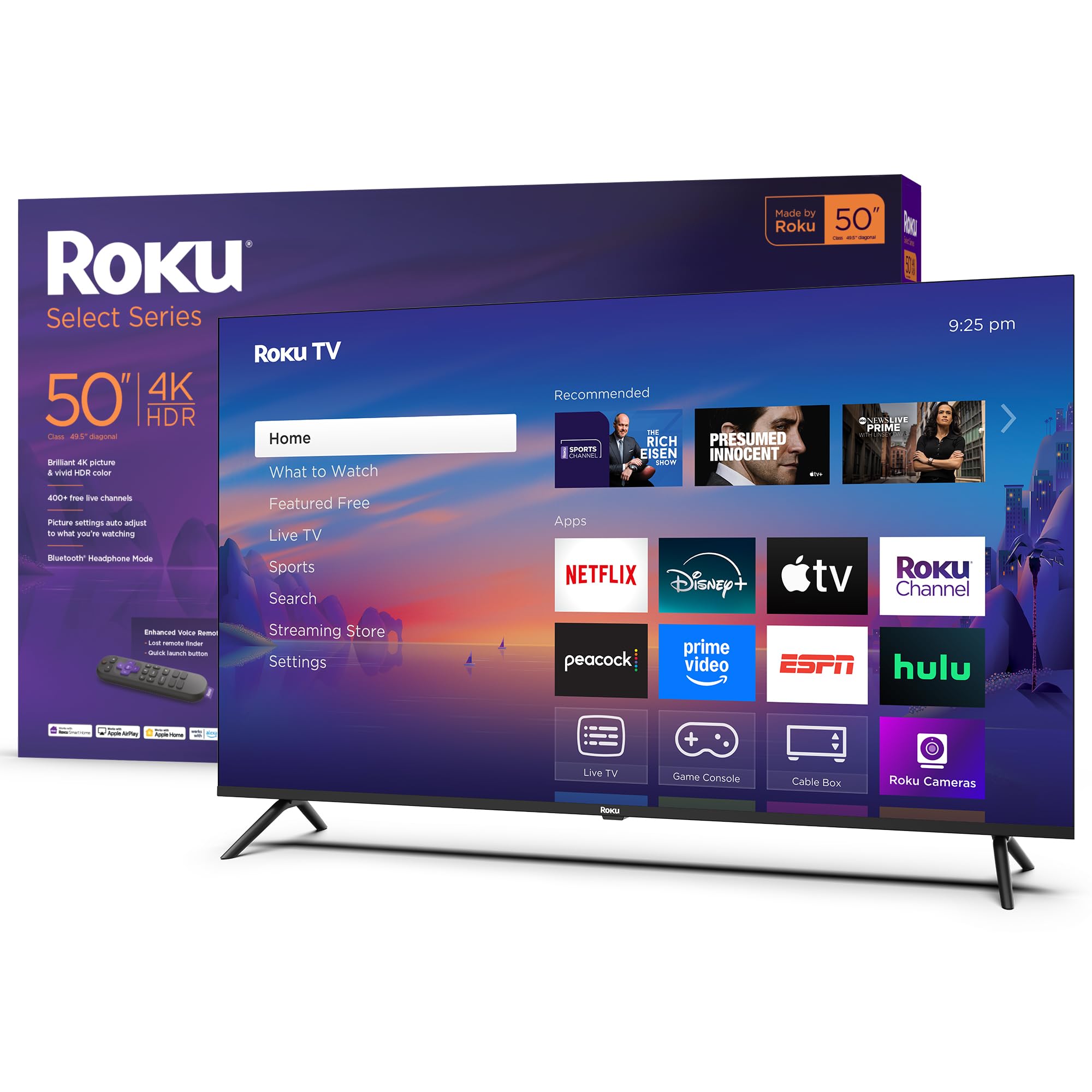 Roku Smart TV 2025 - 50-Inch Select Series, 4K HDR TV - RokuTV with Enhanced Voice Remote - Flat Screen LED Television with Wi-F