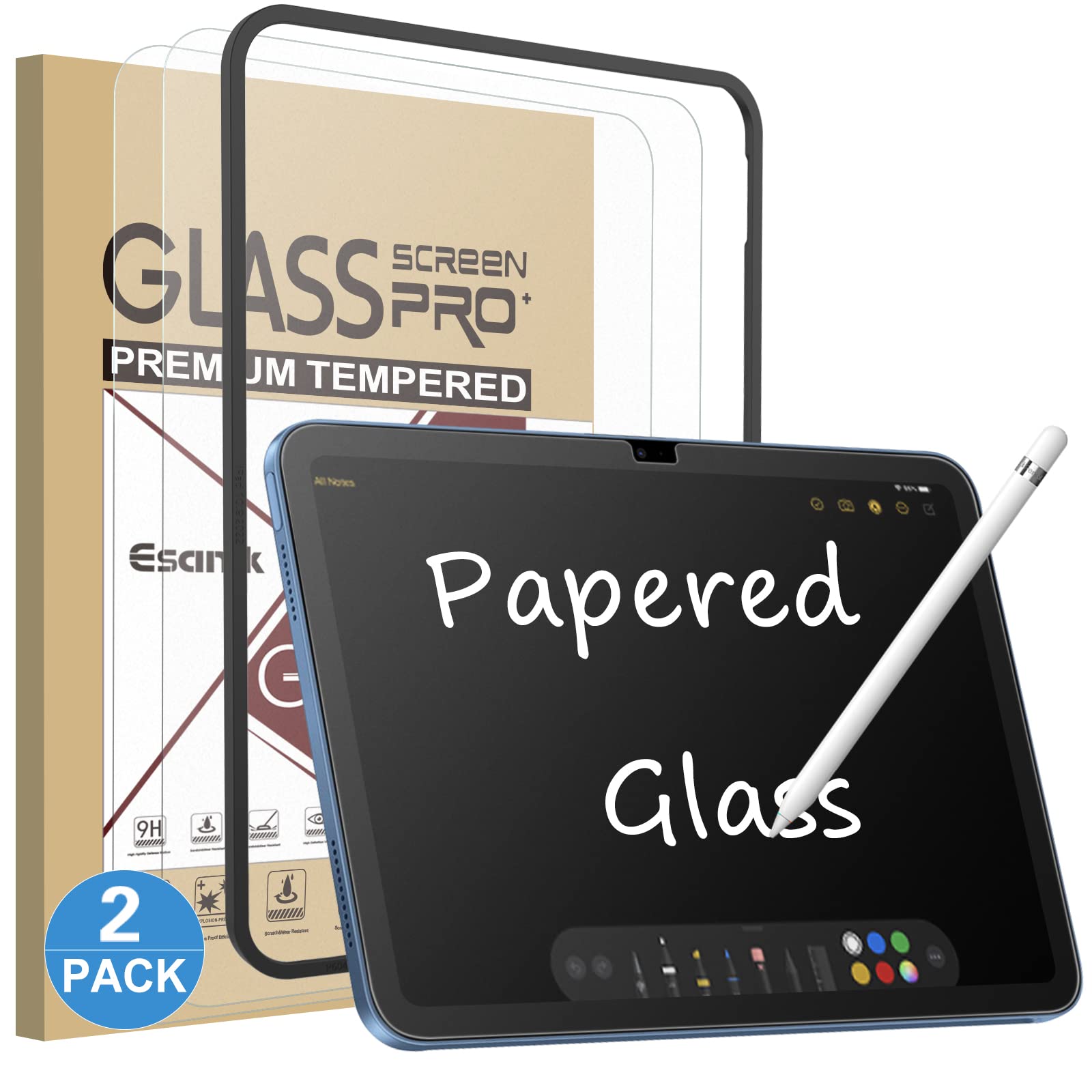 Esanik 2 Pack Like Paper Glass Screen Protector For Ipad 10.9 10Th Generation (2022, 10.9 Inch) 9H Tempered Glass Film With Alig