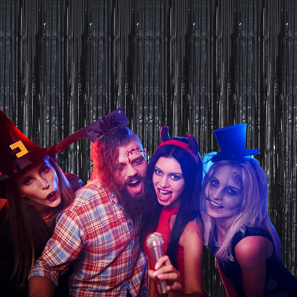 Goer 3.2 Ft X 9.8 Ft Black Photo Backdrop Party Streamers For Halloween,Birthday Party,1 Pack Black Metallic Tinsel Foil Fringe