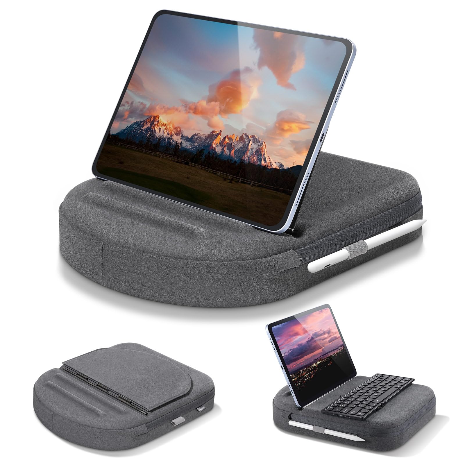 MoKo New Tablet Pillow Stand   Adjustable Viewing Angles Design, Tablet Pillow Holder for Lap/Bed/Desk, with Stylus Pen Holder, Compatible with iPad Pro 11/10.9/10.2 Up to 11', Phone, Book, Gray