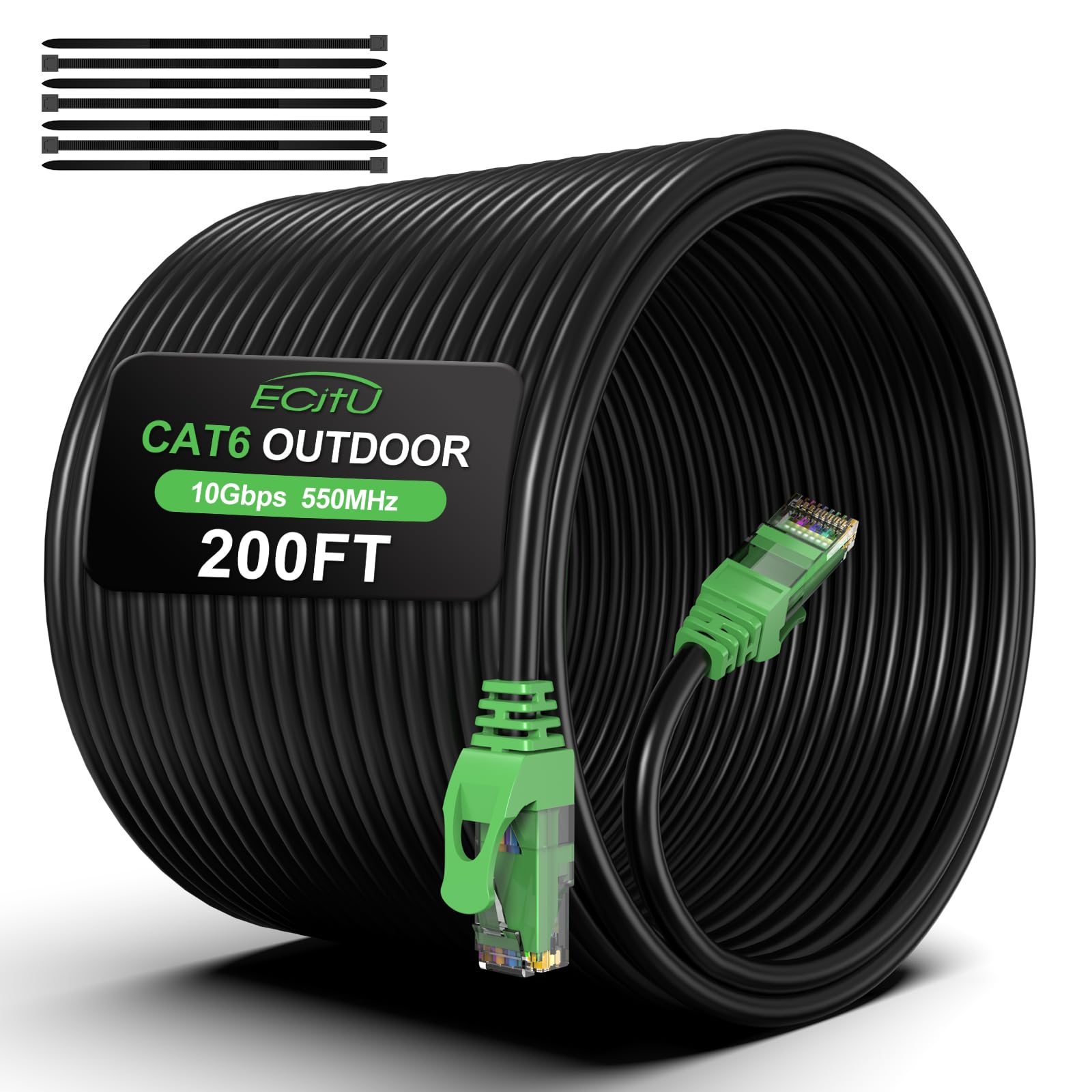 200Ft Cat6 Outdoor Ethernet Cable, In Ground, Heavy Duty Direct Burial, 24Awg Cca Patch Cord For Laptops, Pcs, Routers, Printers, Surveillance Camera, Poe, Utp Cat 6 Internet Cable With 25 Cable Ties