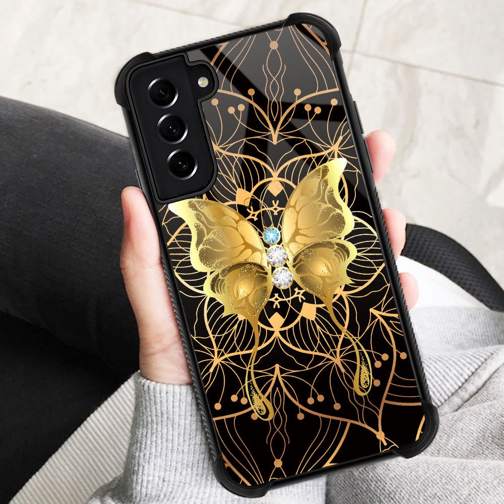 ZHEGAILIAN Samsung Galaxy S21 FE 5G Phone Case Anti-Scratch Shockproof TPU Organic Glass Golden Diamond Butterfly