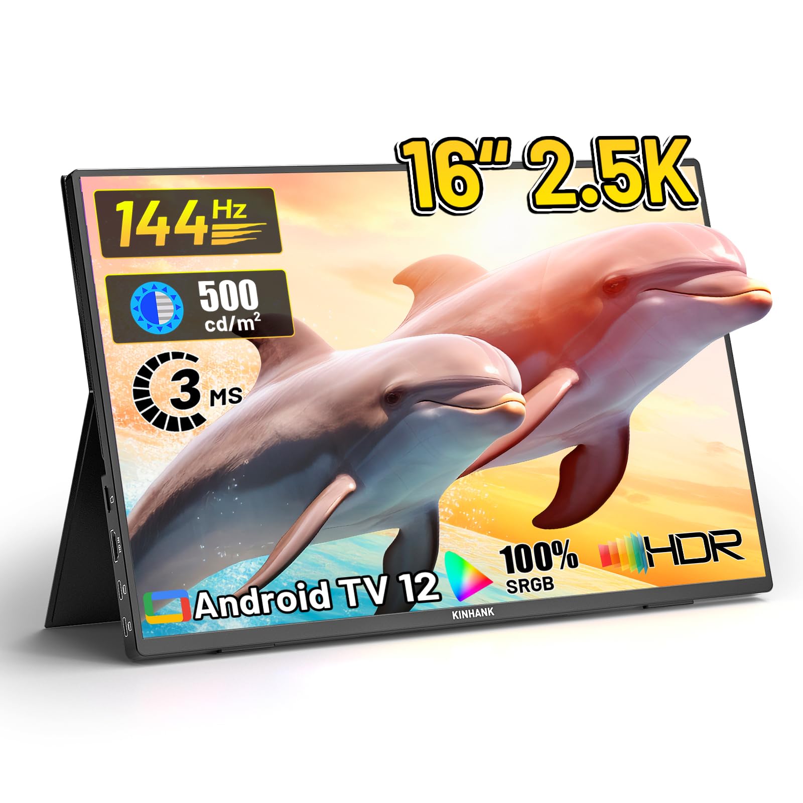 Kinhank 2.5K 144Hz Portable Monitor 16, Android TV 12.0 OS,2560 * 1600P QHD IPS Portable Gaming Display,FreeSync,500Nits Scree
