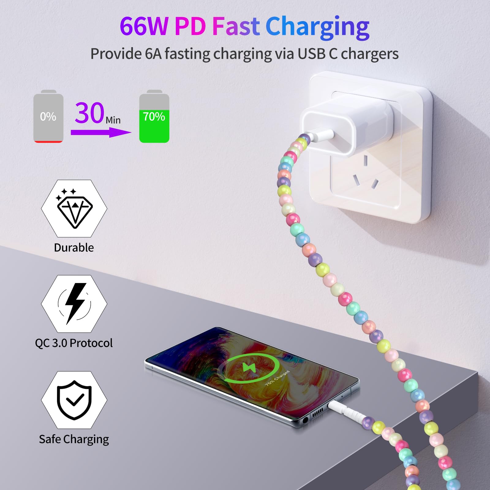 Aolcev Usb C Cable 66W Fast Usb A To Usb C Charging Cable 6.6Ft/2M Long Beaded Phone Charger Cute Usb Type C Charger Cord For Ip