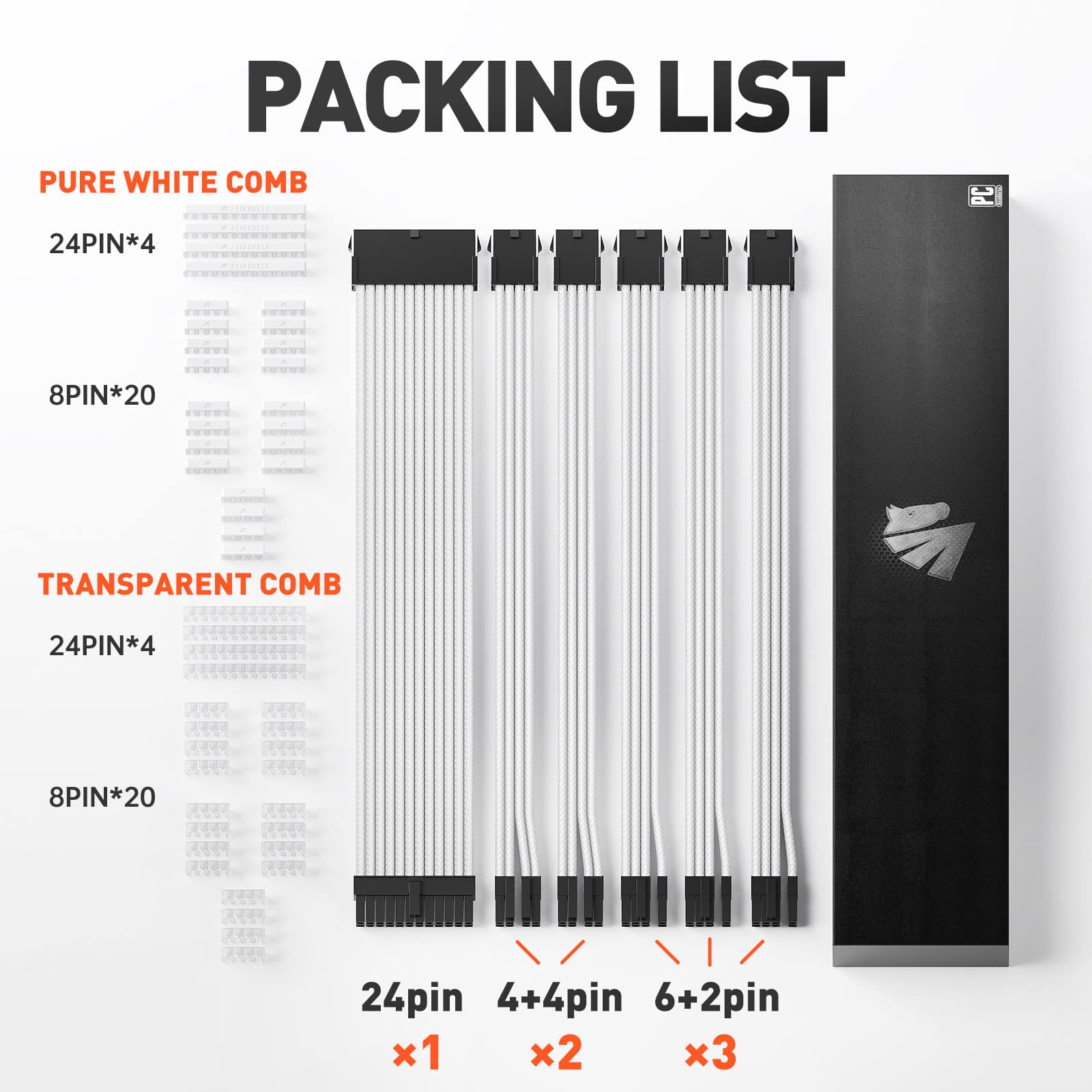 Asiahorse 16Awg Pro Power Supply Sleeved Cable, White Power Supply Extension Cable Dual Eps Kit, 1X24 Pin/ 2X8 Port (4+4) M/B,3X