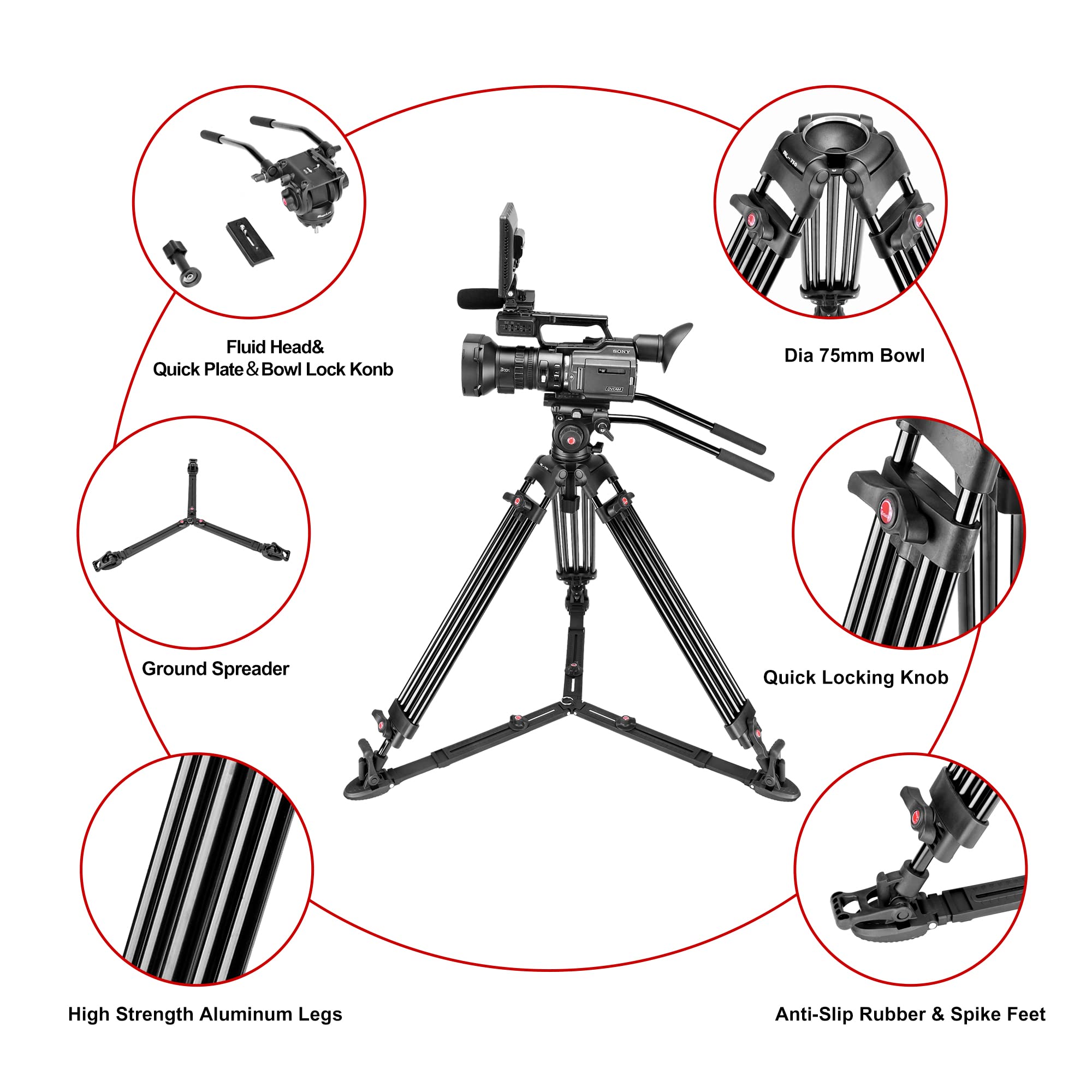 Magicline 68.7 Inch Heavy Duty Aluminum Video Camera Tripod With Fluid Head, 2 Pan Bar Handles, Adjustable Ground Spreader,Qr Pl