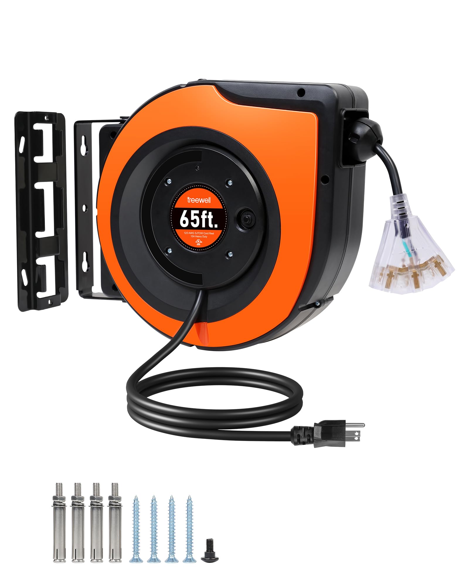Treewell 65Ft Retractable Extension Cord Reel, 12Awg/3C Sjtow Heavy Duty Power Cord With Lighted Triple Tap Outlet, 15A Circuit