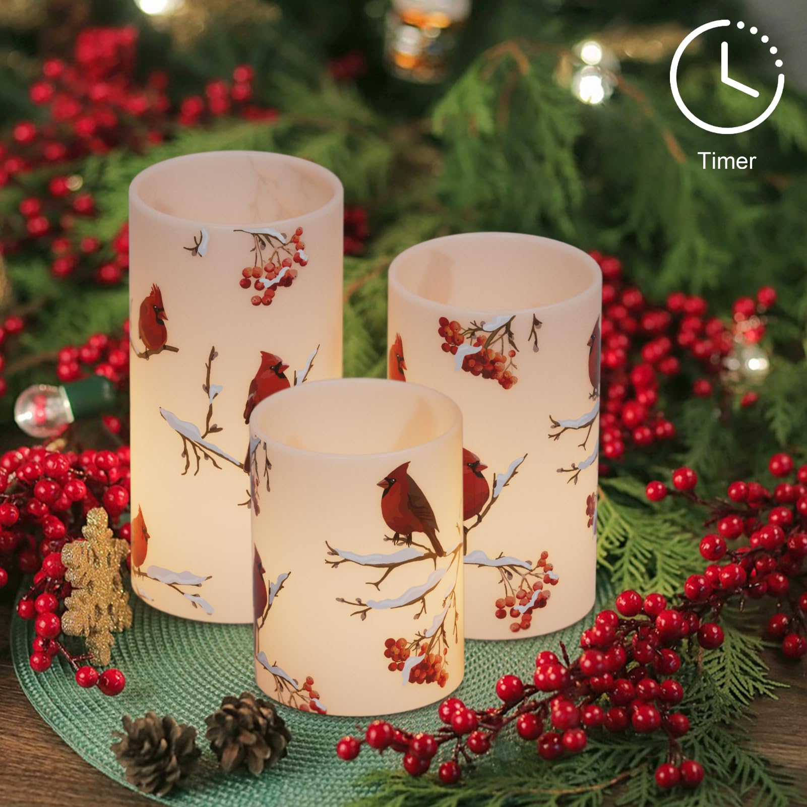 Lasumora Cardinal Theme Christmas Flameless Candles With 6H Timer, Real Wax Led Pillar Candles Flickering, Battery Operated Waxy