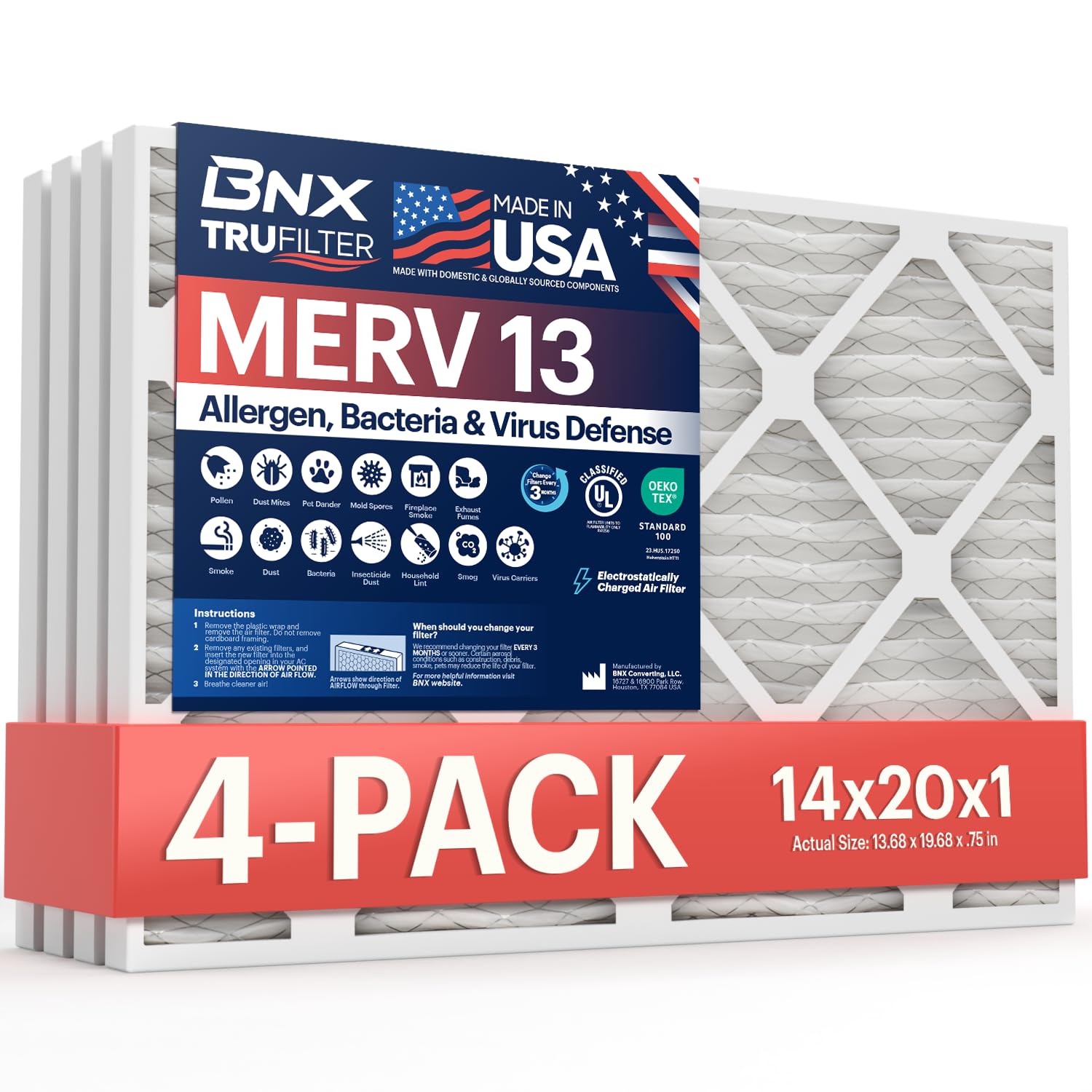 BNX TruFilter 14x20x1 Air Filter MERV 13 (4-Pack) - MADE IN USA - Electrostatic Pleated Air Conditioner HVAC AC Furnace Filters 