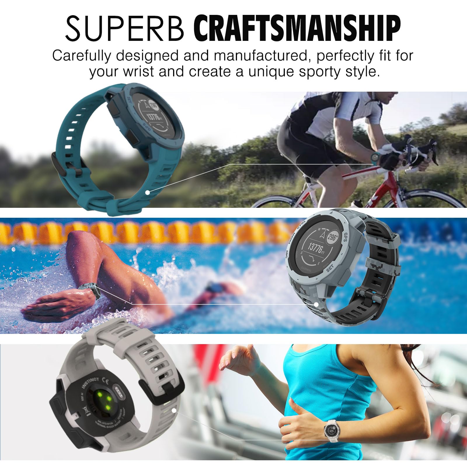 Moko Watch Strap Compatible With Garmin Instinct Esports/Solar/Tactical/Tide Military Watch,Soft Silicone Adjustable Replacement