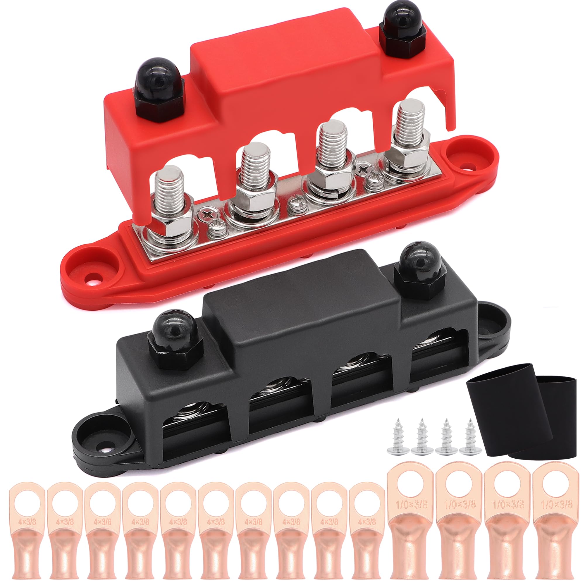 Taukealugs 250A Power Distribution Block Bus Bar 3/8 Inch Battery Terminal Stud 4 Post With Cover And Wire Lugs For Marine Autom