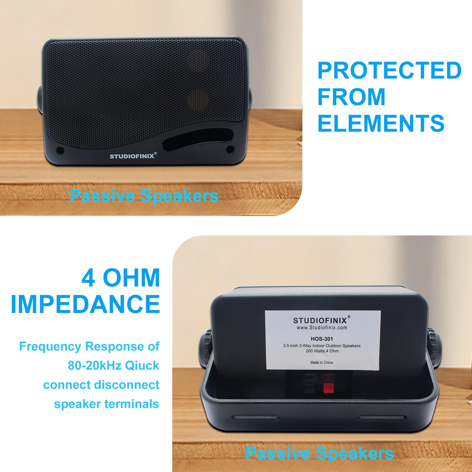 Studiofinix Passive Outdoor Speakers Wired Waterproof  3.5 Inch 3 Way 200W Surface Marine & Wall Mount Speakers, Perfect For Hom