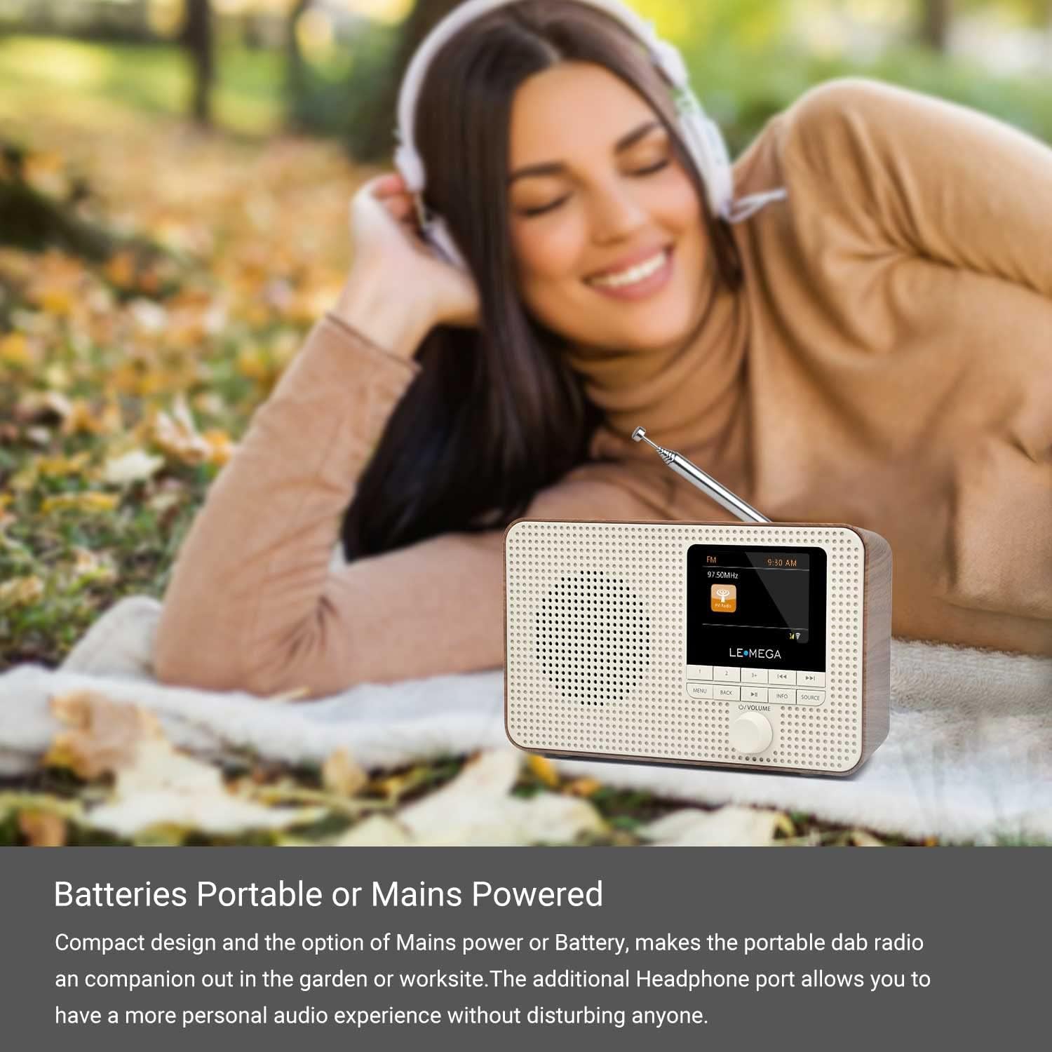 Lemega Ir1 Portable Wifi Internet Radio,Fm Digital Radio,Bluetooth Speaker,Dual Alarms Clock,Sleep Snooze Timer,40 Presets, Headphone Output,Colour Display,Batteries Or Mains Powered � Walnut Finish