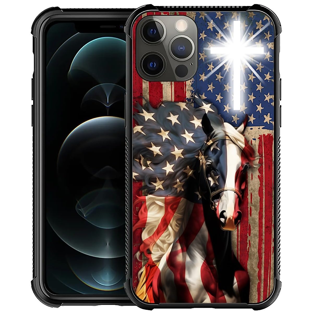Fkbrcl4U For Iphone 11 Pro Max Case, Red American Flag Horse Cross Pattern Graphic Design Girl Boy Soft Silicone Hard Acrylic Sh