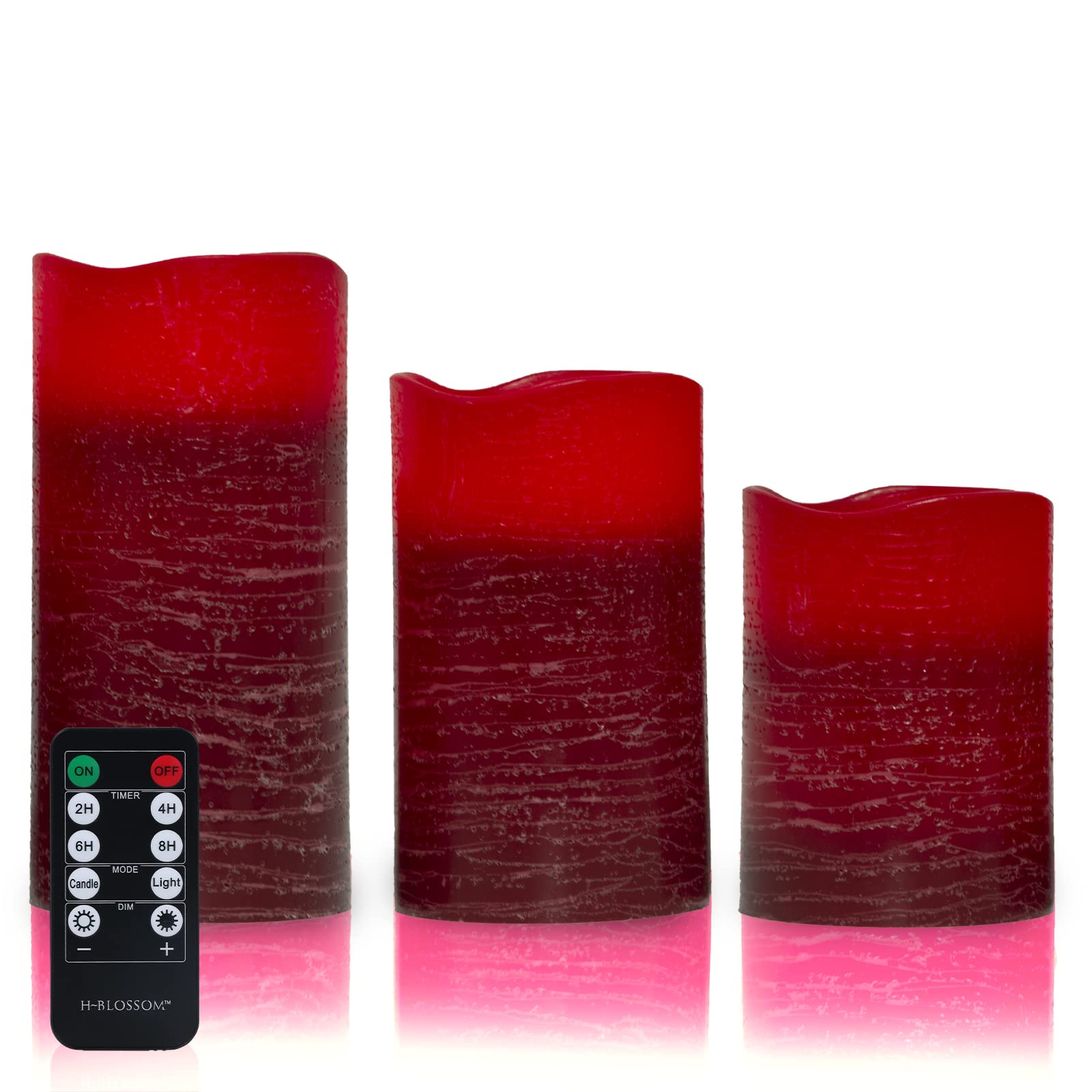 H-BLOSSOM Red Flameless Candles Real Wax LED Pillar Candles Battery Operated with Cycling 5H Timer Set of 3 (3 x 4/5/6) (Red)