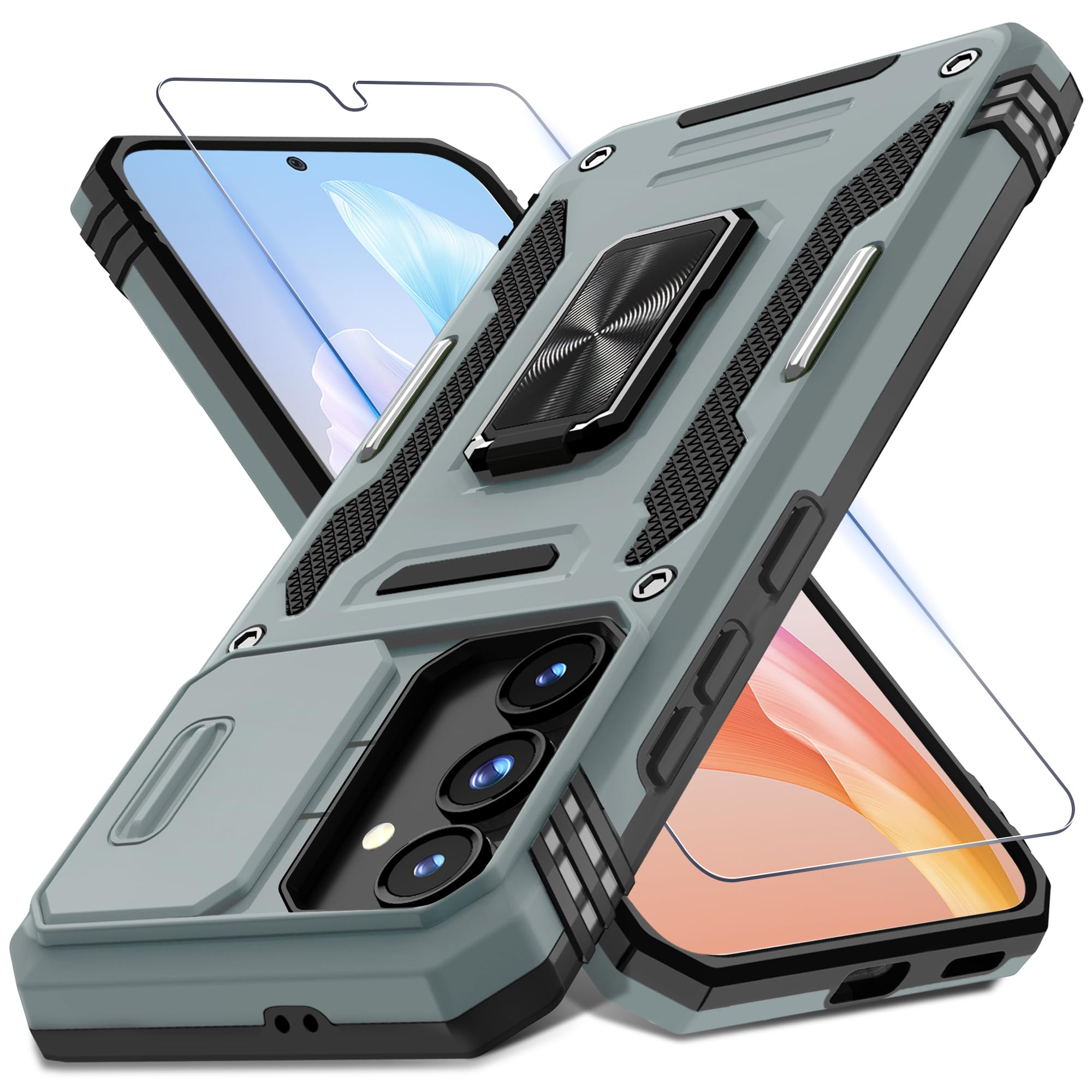 Deerlamn Case For Samsung Galaxy S24 Fe With Slide Camera Cover+Screen Protector(1 Pack), Rotated Ring Kickstand Military Grade