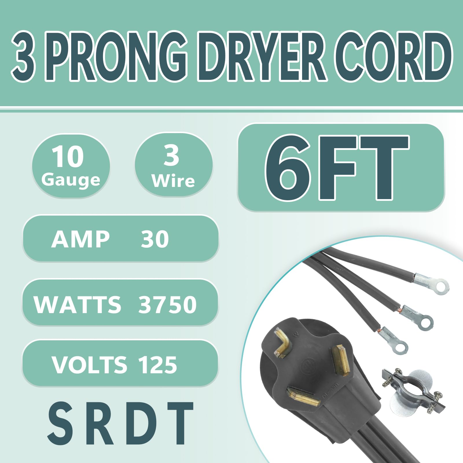 Greatide 3 Prong Dryer Cord, 6 Ft 10/3 Srdt, 30 Amp Appliance Extension Power Cord, Nema 10 30 Plug, Grey