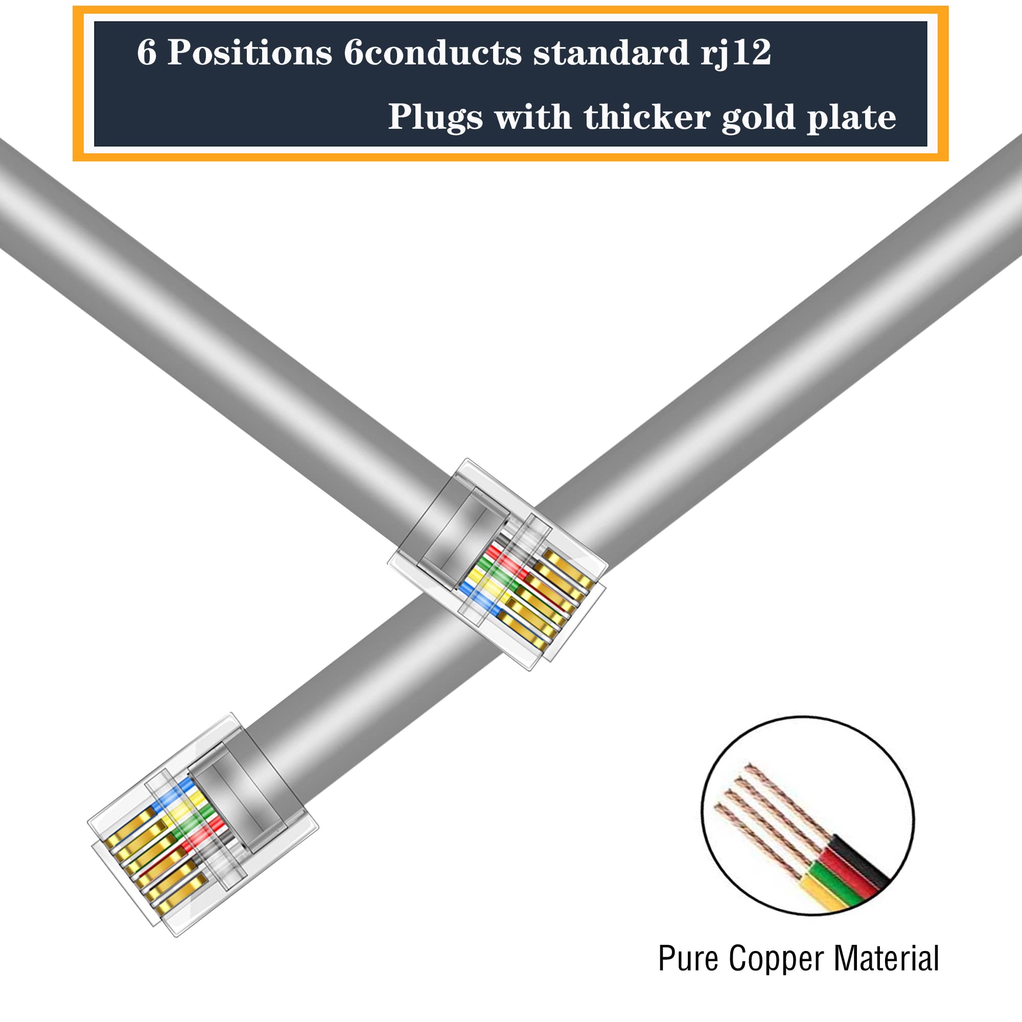 Lansensu Rj12 Cable Phone Cord Rj12 6P6C Male To Male Straight Wired For Both Data And Voice Use   2Pack (Silver, 10Ft)