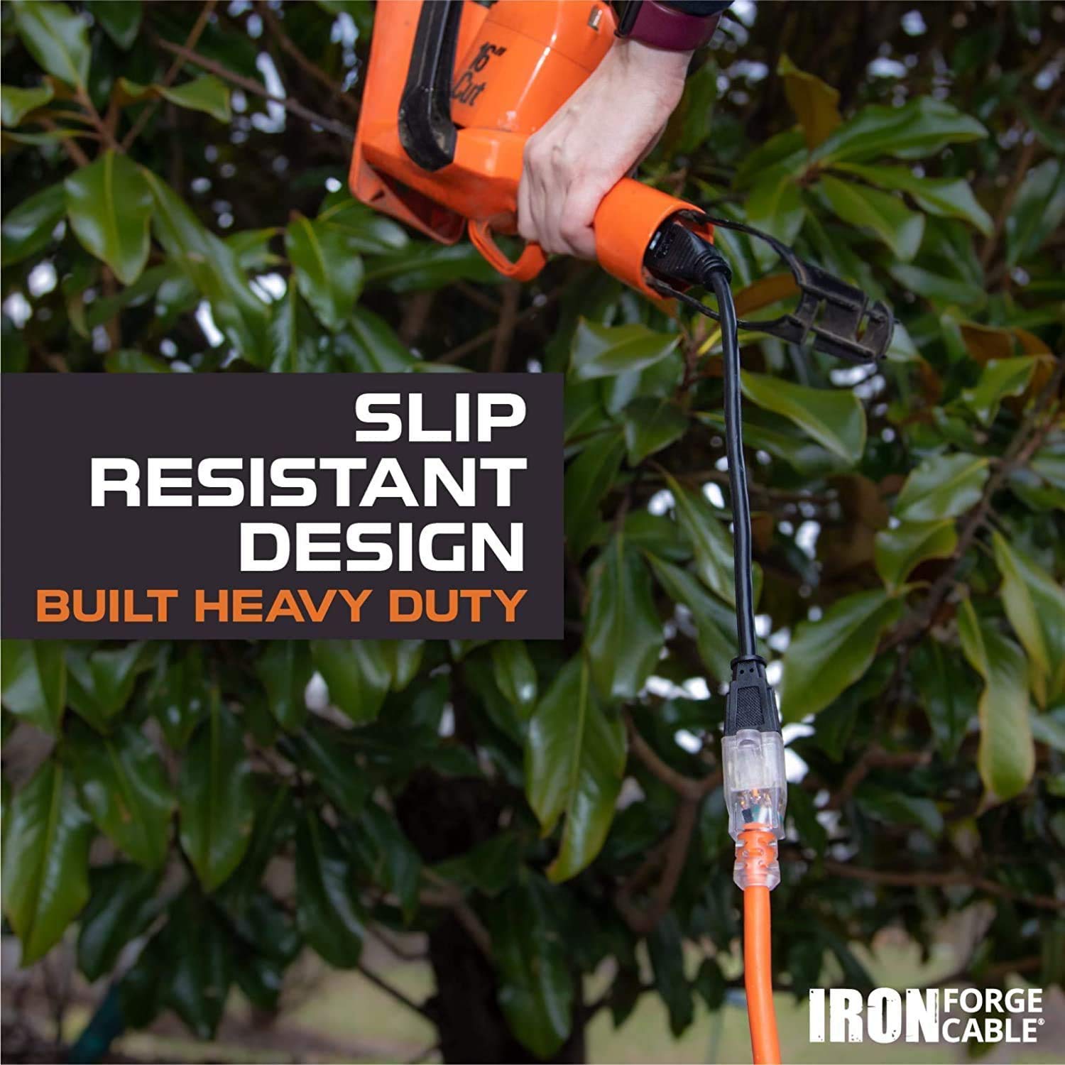 Iron Forge Cable 100 Foot Lighted Outdoor Extension Cord   10/3 Sjtw Orange 10 Gauge Extension Cable With 3 Prong Grounded Plug