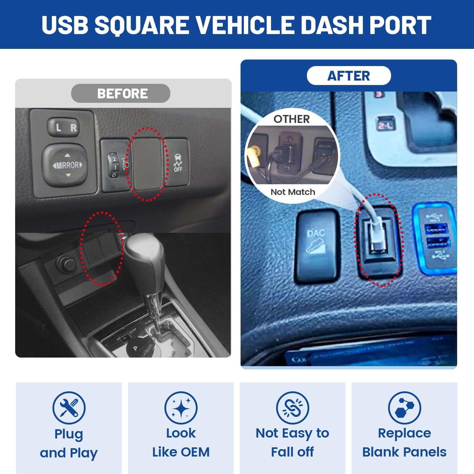 Anina Usb Port Car Charger For Toyota, Male To Female Usb Power Socket Adapter, Panel Flush Mount Extension Cable For Camry Rav4 Corolla Highlander, Square Vehicle Dash Port For Ios Android (34*23Mm)