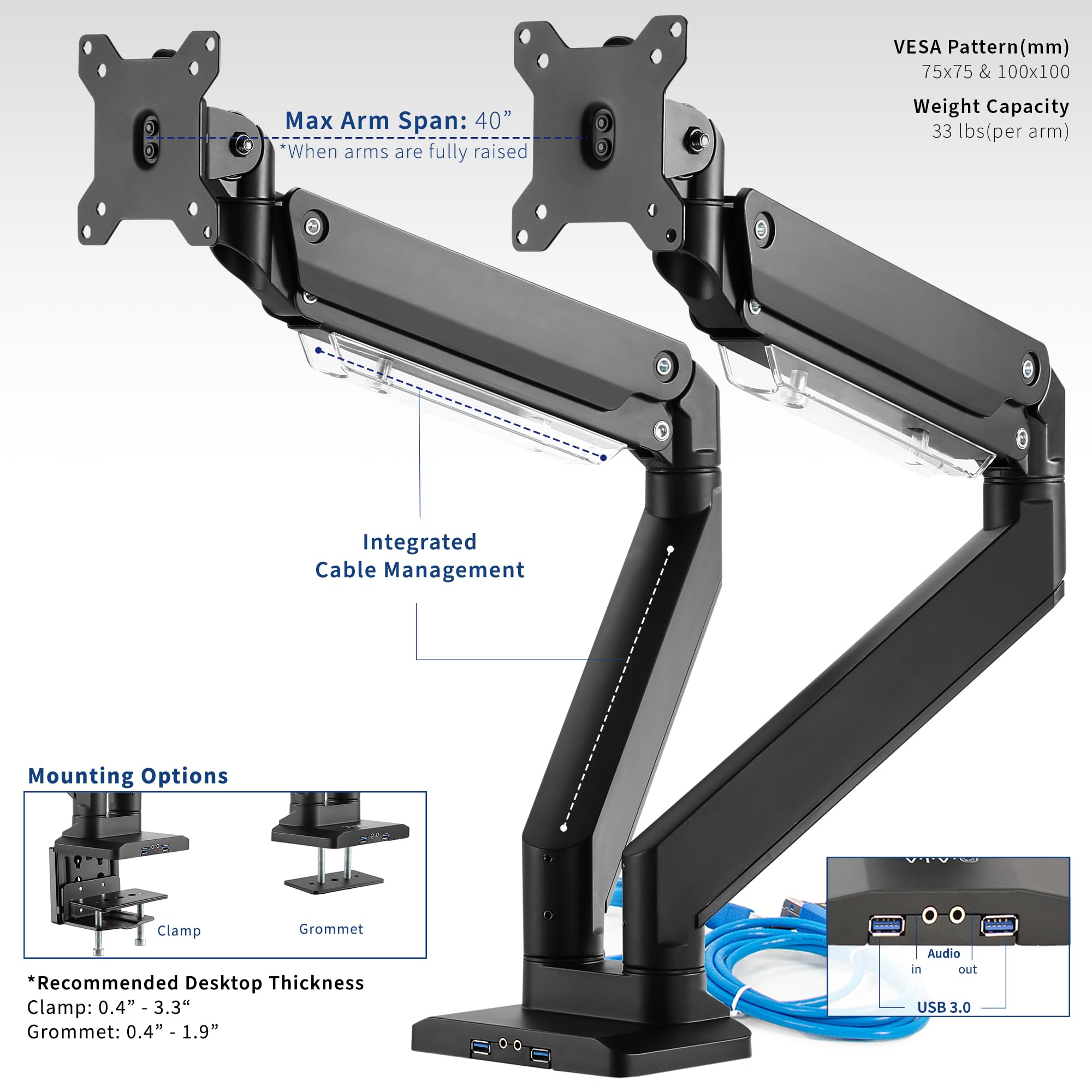 VIVO Premium Aluminum Heavy Duty Arms, Fits 2 Ultrawide Monitors up to 38 inches, Widescreen Dual Monitor Desk Mount with Instant Pneumatic Spring Height Adjustment VESA Stand, USB 3.0, STAND V102G2U