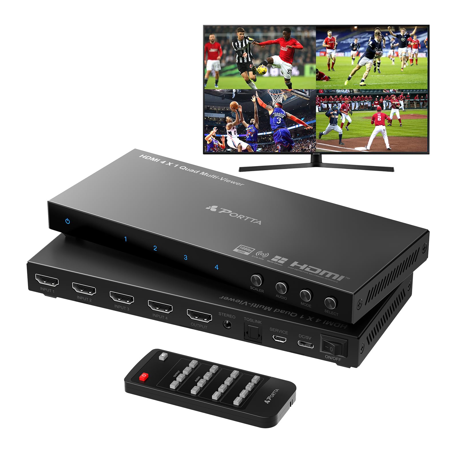 HDMI Multiviewer Switch 4x1 with PIP, PORTTA Quad Multi Viewer Seamless Switcher 4 in 1 Out with Toslink, 3.5mm Audio Output Sup