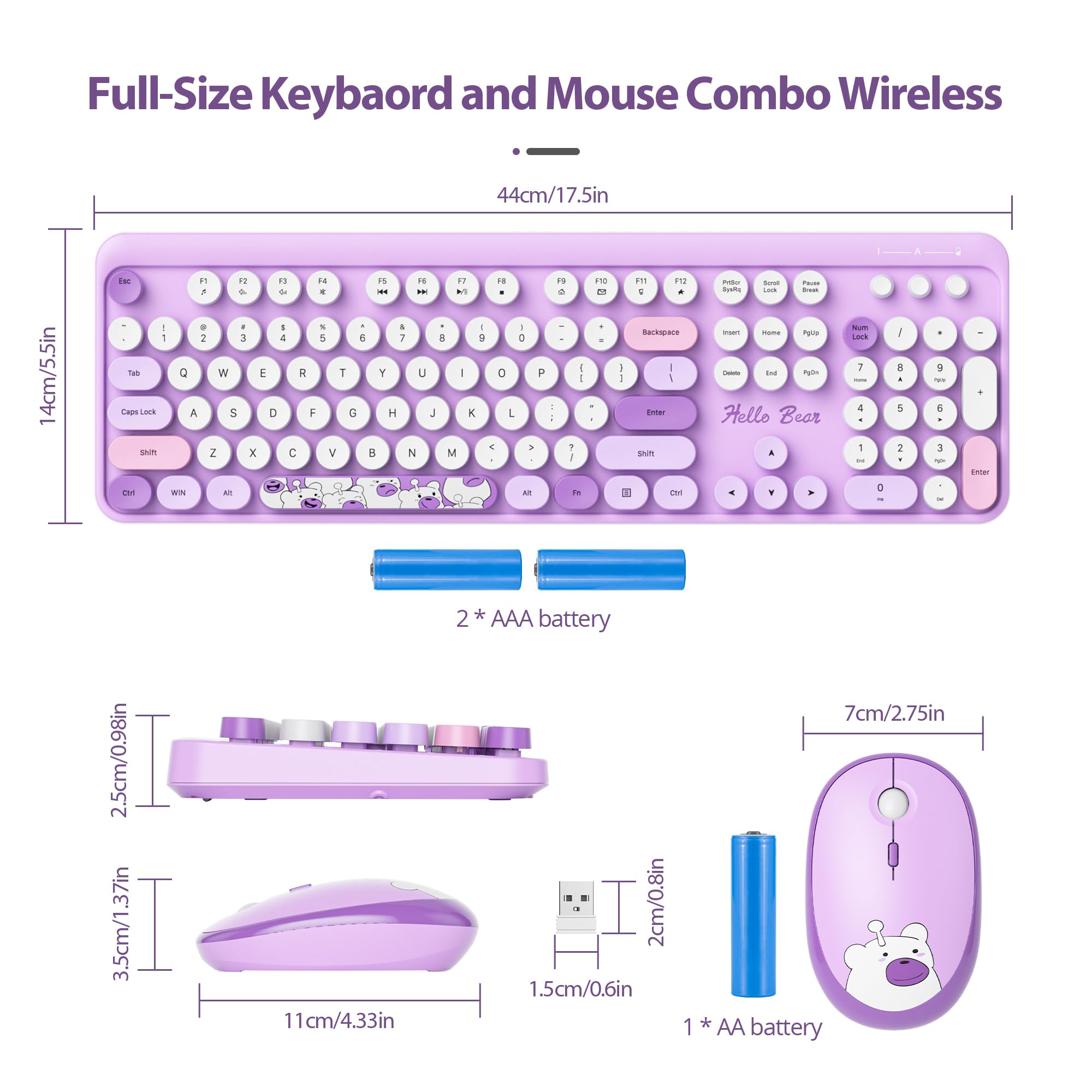 Fogruaden Wireless Keyboard And Mouse Combo 2.4Ghz Retro Typewriter Keyboard, 104 Keys Full Size Round Keycap Cute Keyboard And