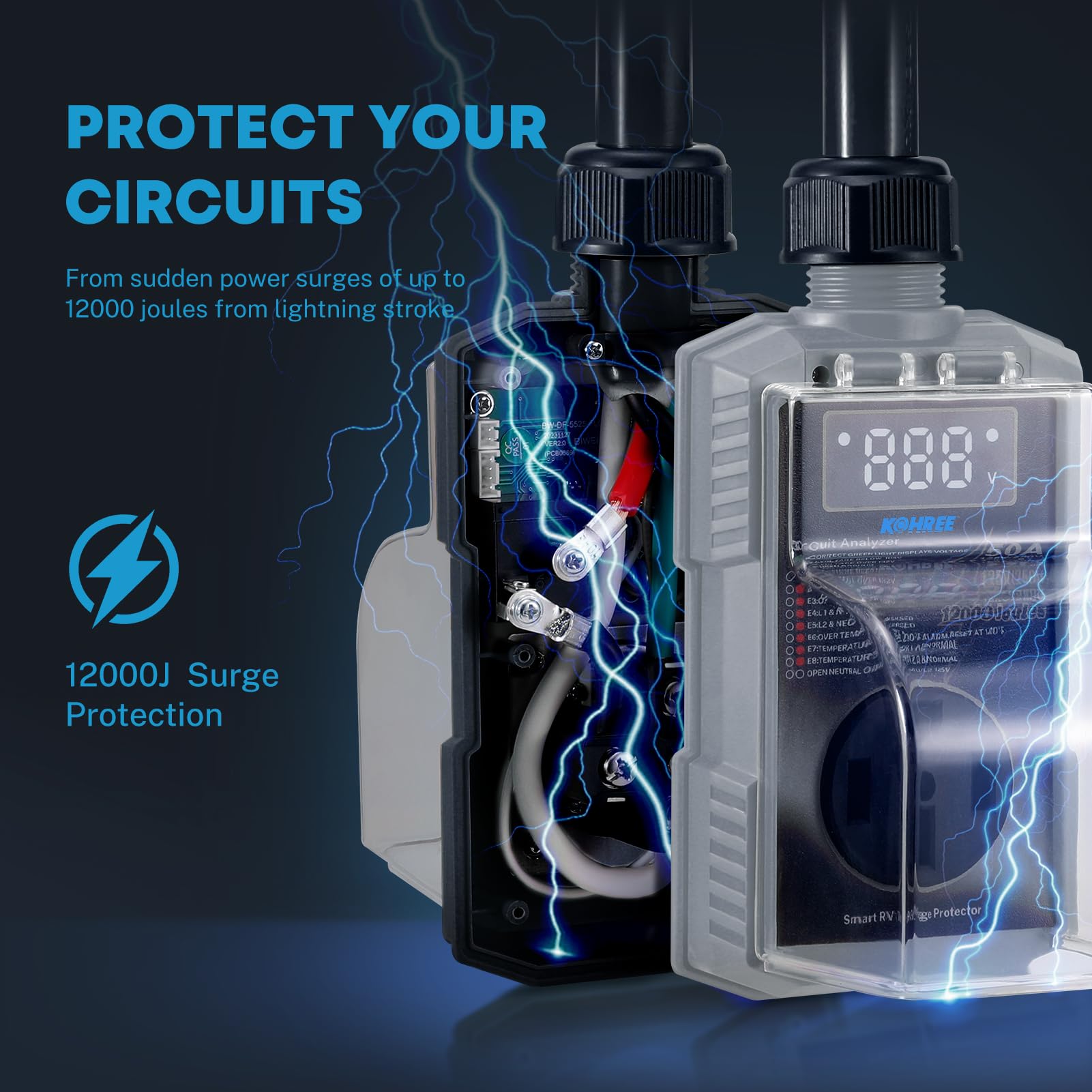 Kohree Rv Surge Protector 50 Amp With High/Low Voltage Protection, 12000 Joules 50 Amp Rv Surge Protector Waterproof, Smart Circ