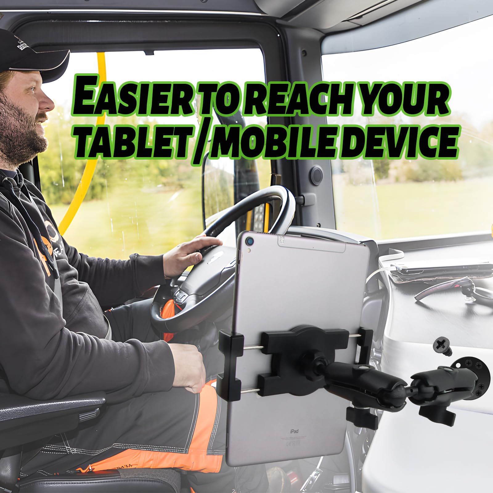 Romhaus Large Metal Tablet Mount For Truck/Car/Vehicle/Industrial, Long Arm Heavy Duty Drill Base Tablet Holder For Dashboard, W