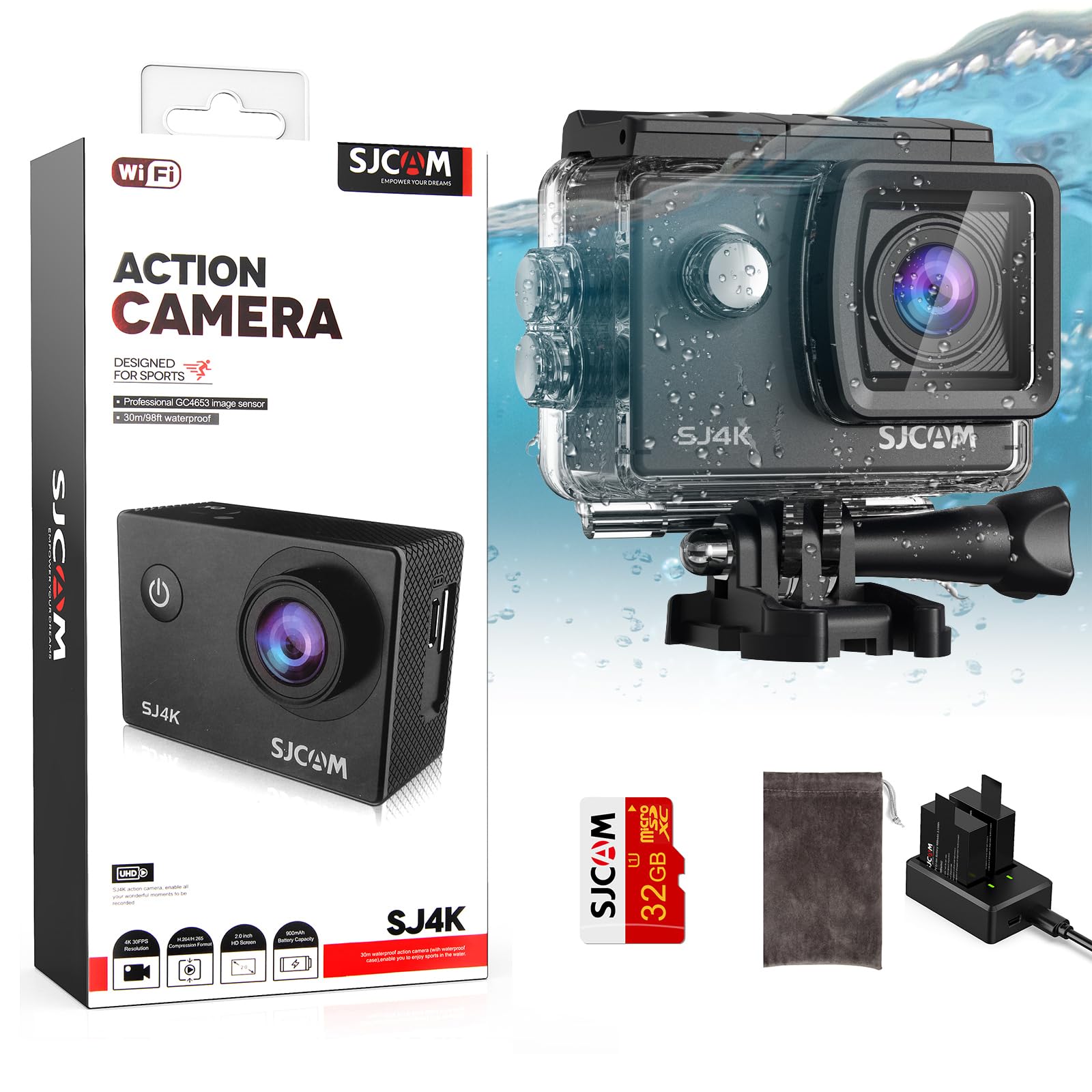 Sjcam Sj4000 4K30Fps 40Mp Action Camera Wifi Camera With Stabilization,Underwater 98Ft Waterproof Camera With Dual Batteries,170