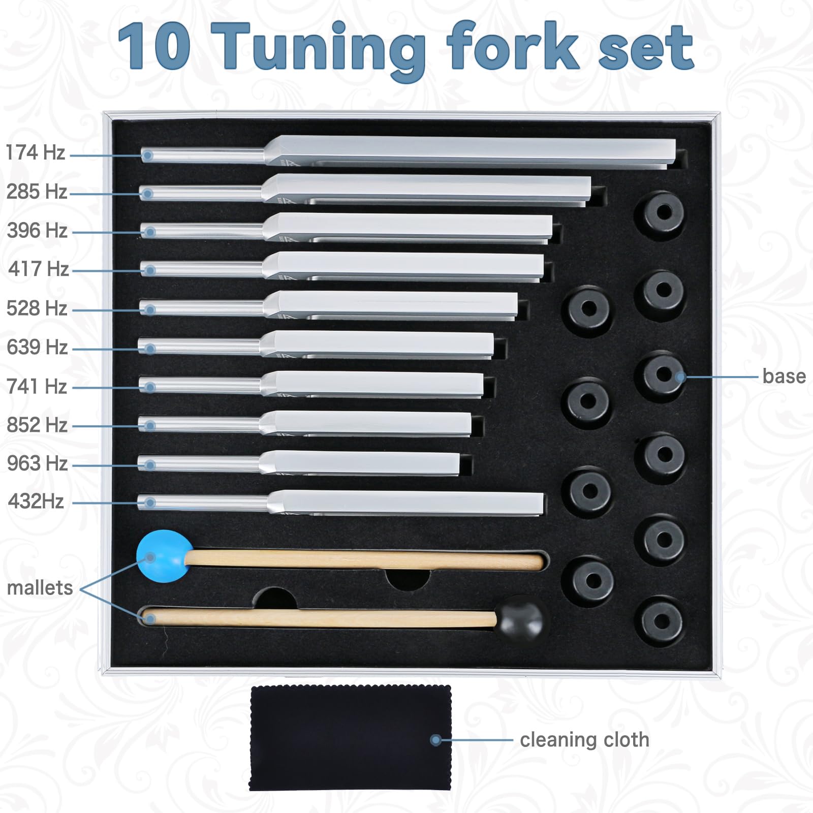 Eastrock 10 Tuning Fork Set Chakra Tuning Fork Set Aluminum Alloy Material, Sound Healing Instruments Kit With Mallets And Bases