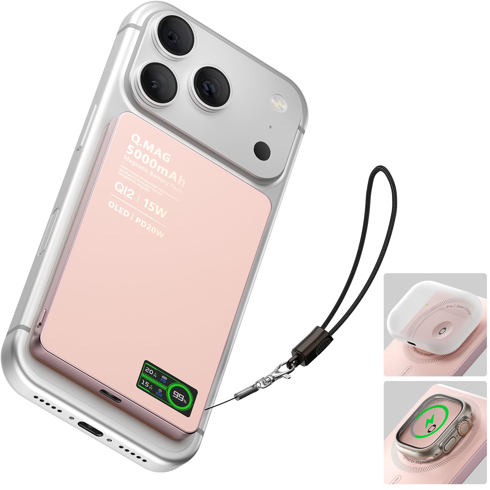 BLACKPAI Magnetic Power Bank with iWatch Charger, Ultra-Slim 5000mAh Qi2 15W Wireless Mag-Safe Battery Pack with LCD Display, PD