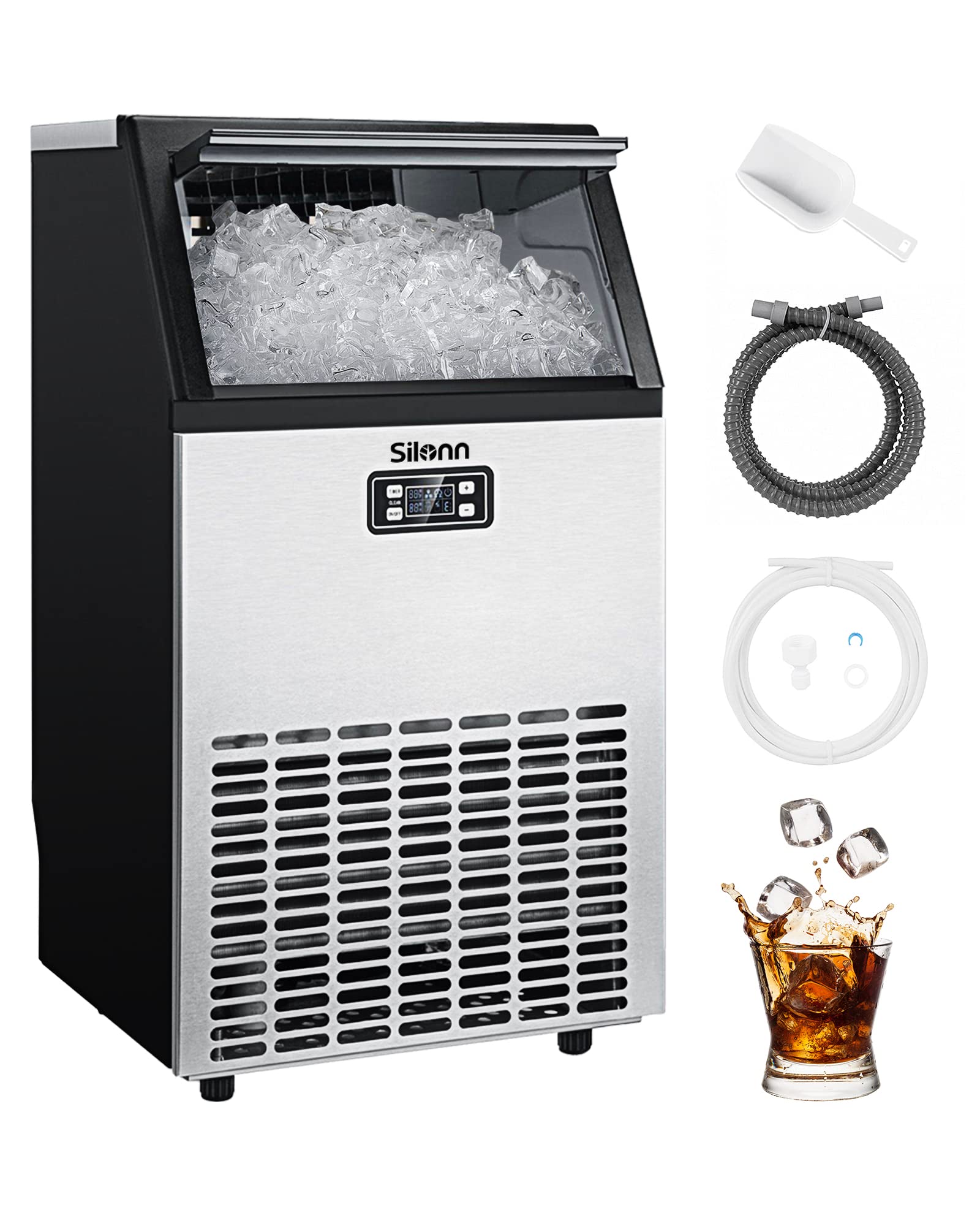 Silonn Commercial Ice Maker Machine, Creates 100Lbs In 24H, 33Lbs Ice Storage Capacity, Stainless Steel Freestanding Ice Maker W