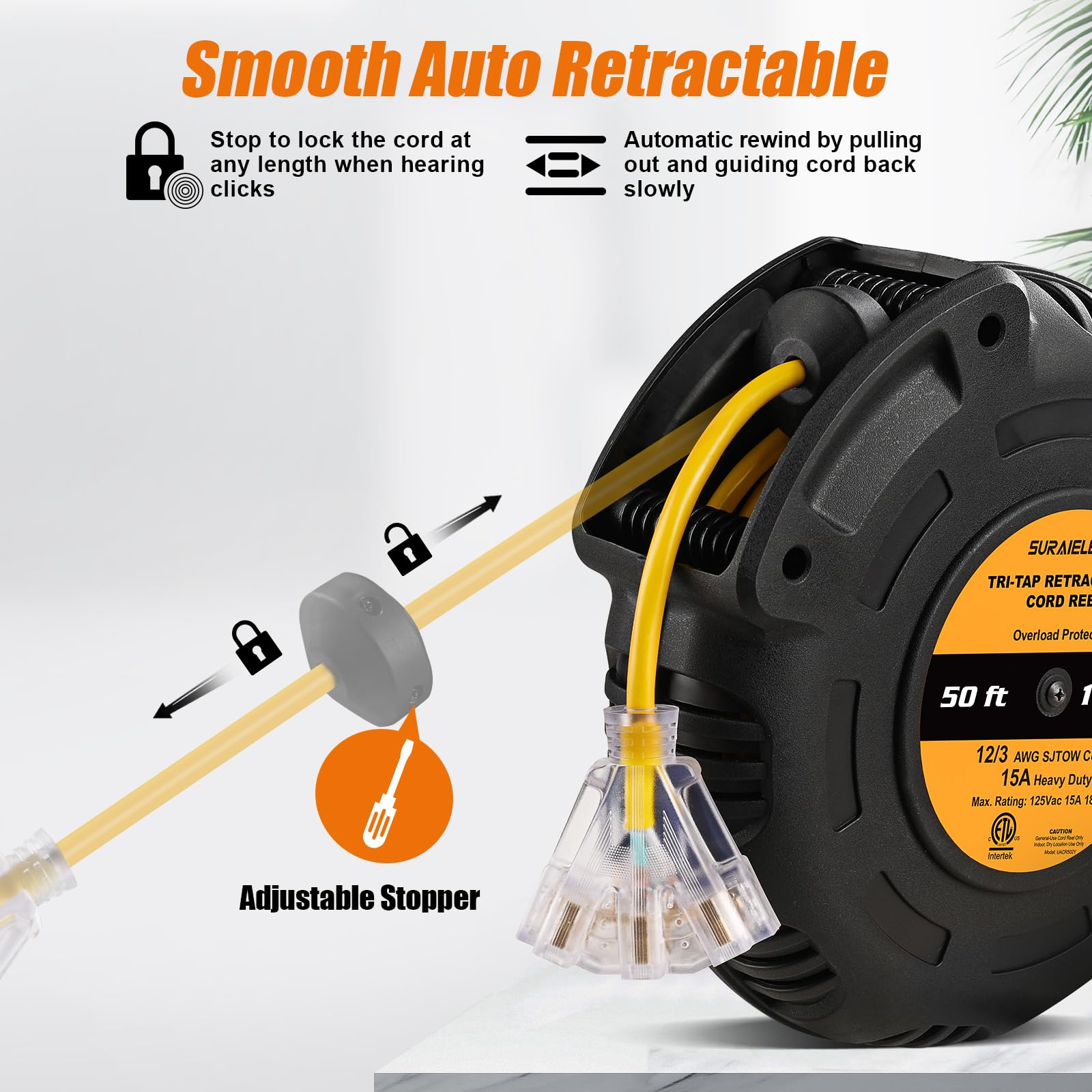 Suraielec 12 Gauge Retractable Extension Cord Reel, 50 Ft 12 Awg/3C Sjtow Heavy Duty Power Cord, 3 Outlets Triple Tap, 15 Amp Ci