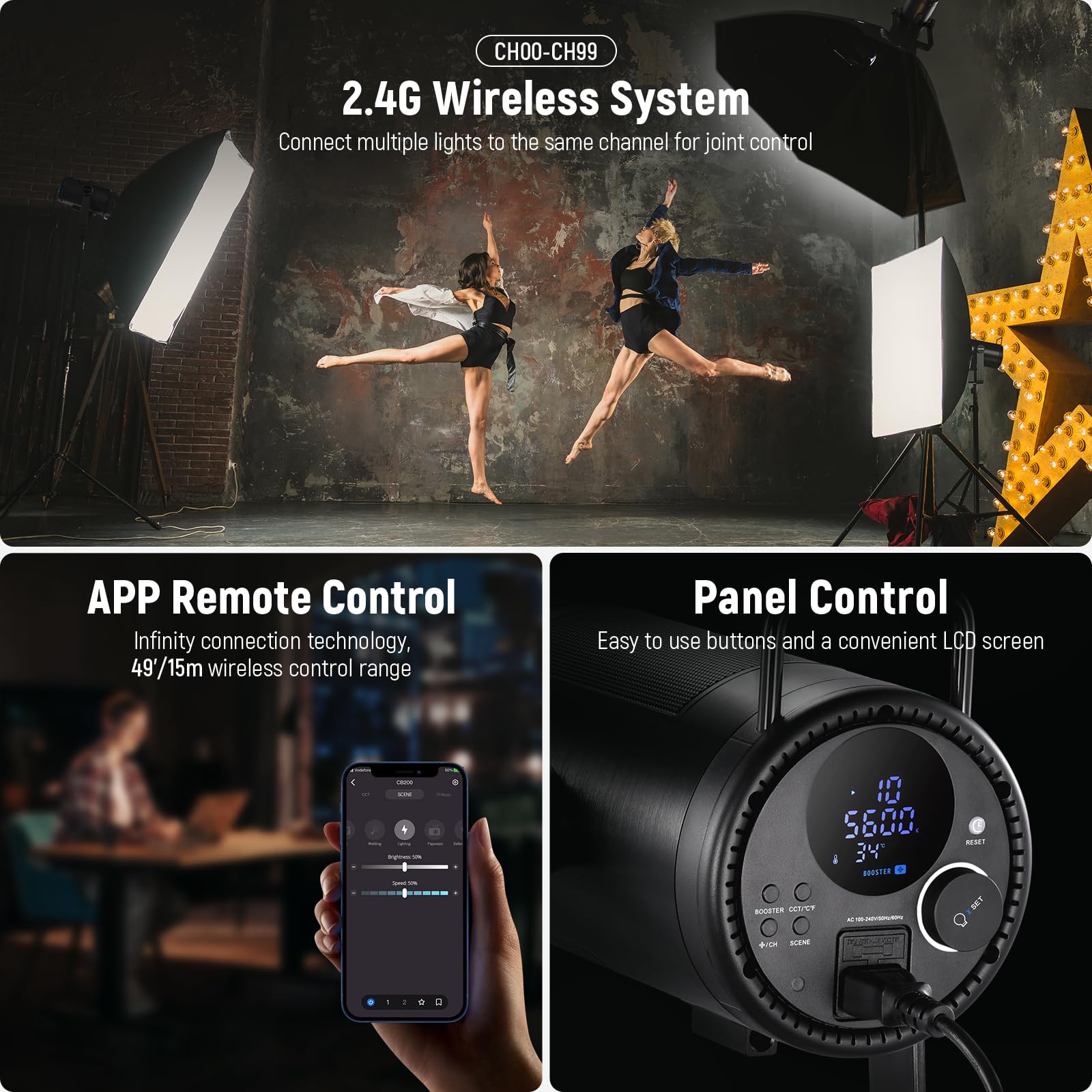 Neewer Cb200 210W Led Video Light With 2.4G/App Control, 5600K Daylight Cob Continuous Output Lighting For Photography With 9850