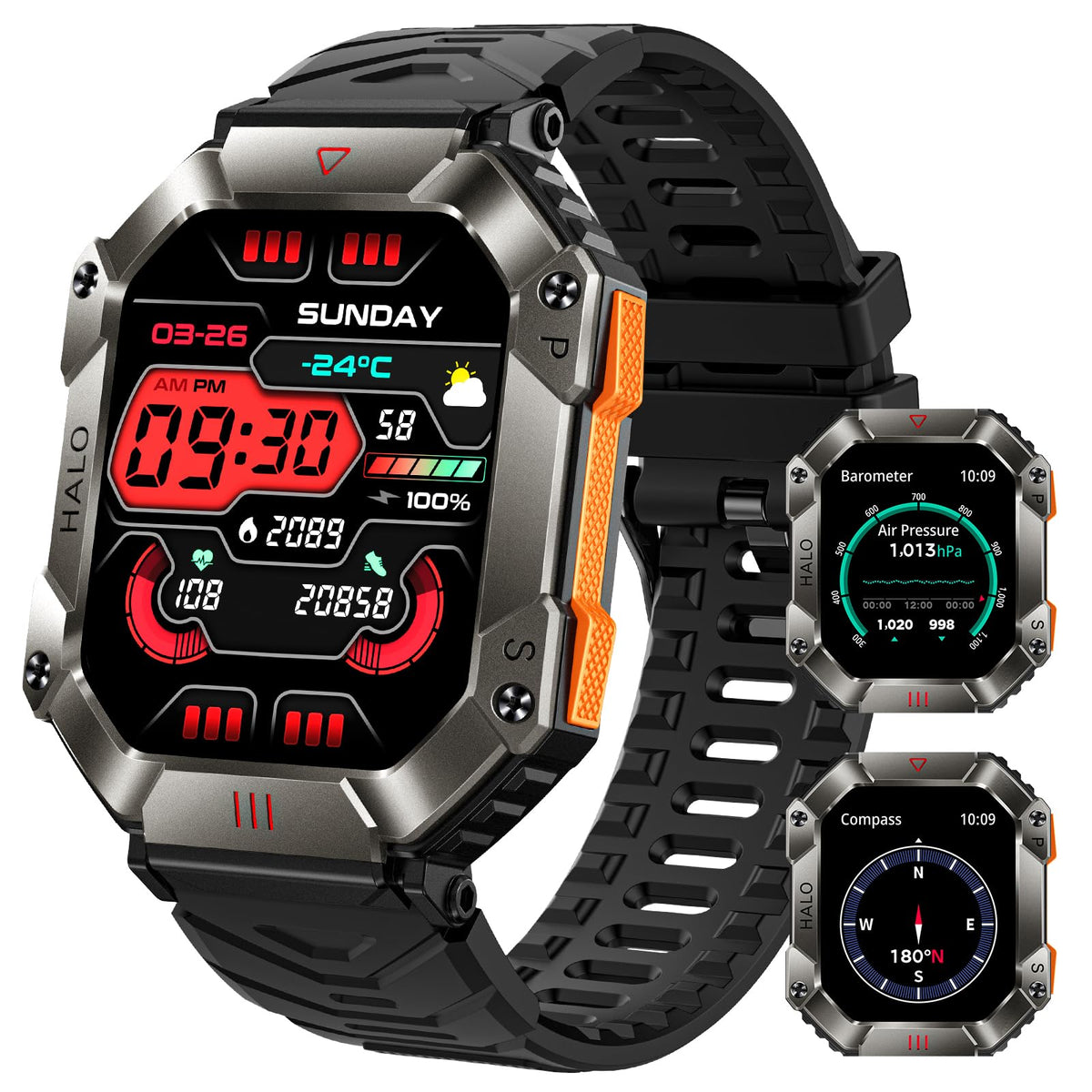 Military Smart Watch For Men 2.0'' Hd With Elevation Barometer Compass Fitness Tracker With Ip68 Waterproof Heart Rate Sleep Mon