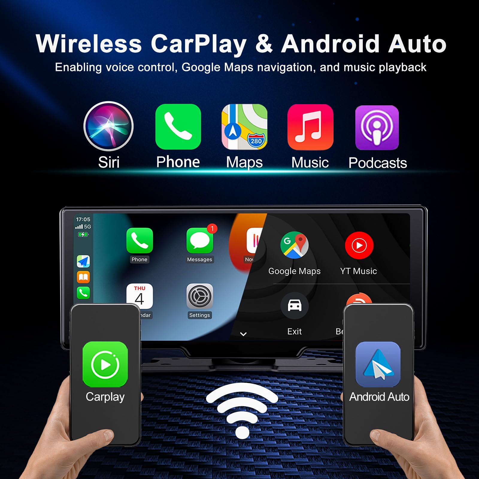 Luzeterna Portable 9.3 Inch Wireless Apple Carplay Screen For Car With Auto Brightness, 4K Dash Cam & Backup Camera, Bluetooth C