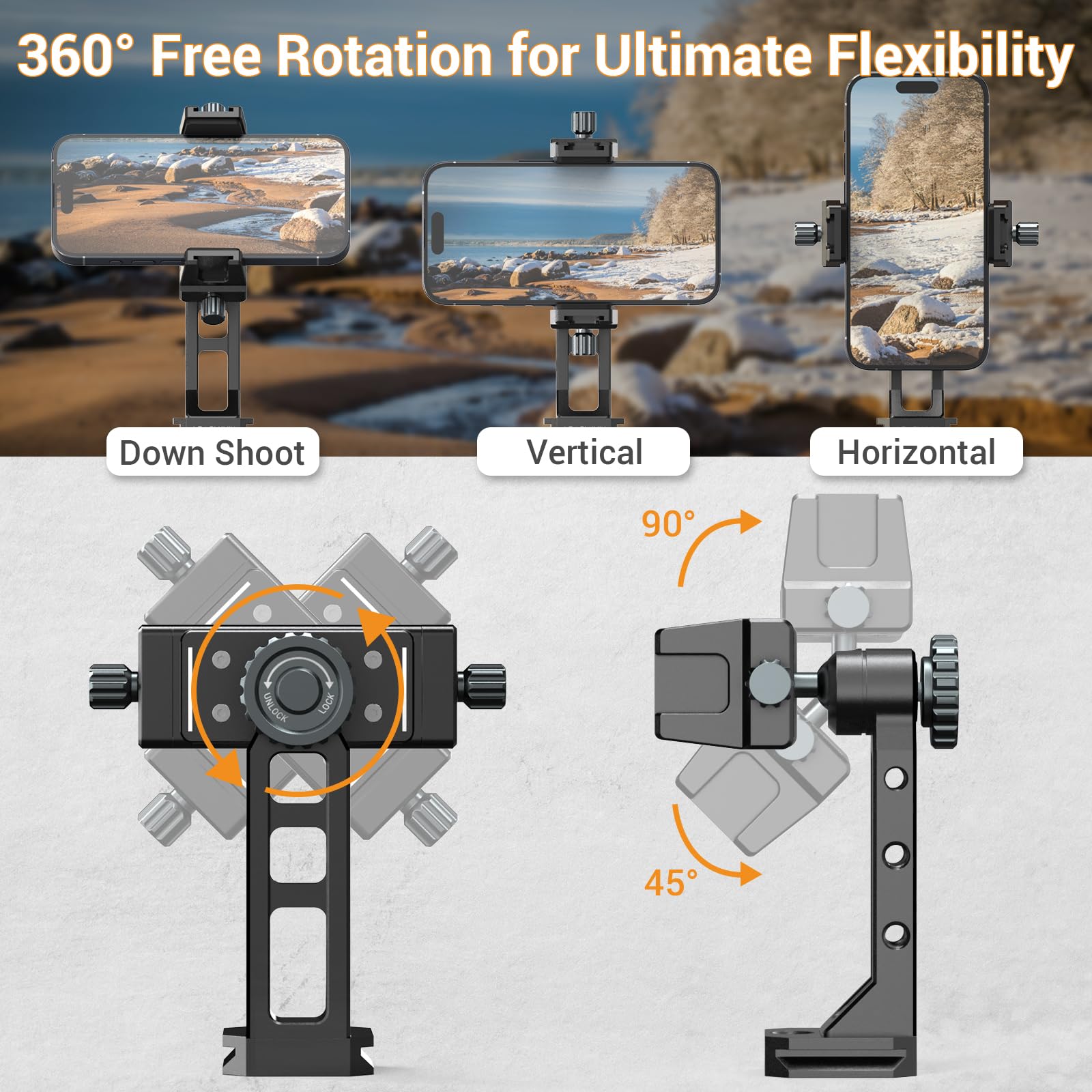 Leaplumin Metal Phone Mount For Tripod With 2 Cold Shoes & Arca Port,Phone Holder Stand With 4 * 1/4'' Screw Mount,Support Verti