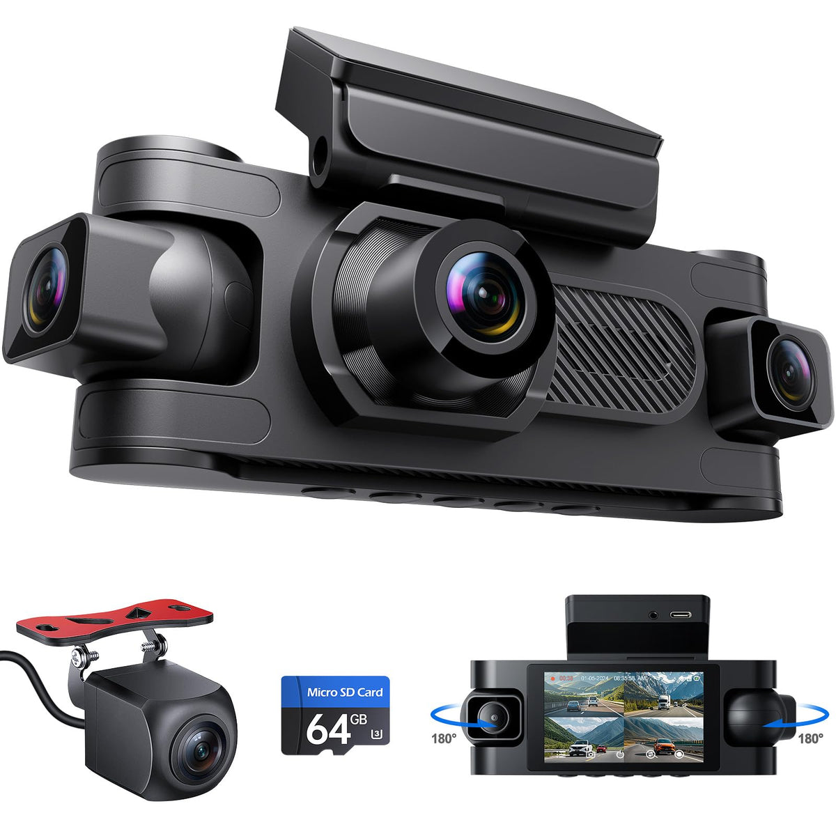 4 Channel Dash Cam Front And Rear Inside Left Right, 1080P Dash Camera For Cars, Night Vision,360 Degree View,Support Optional G
