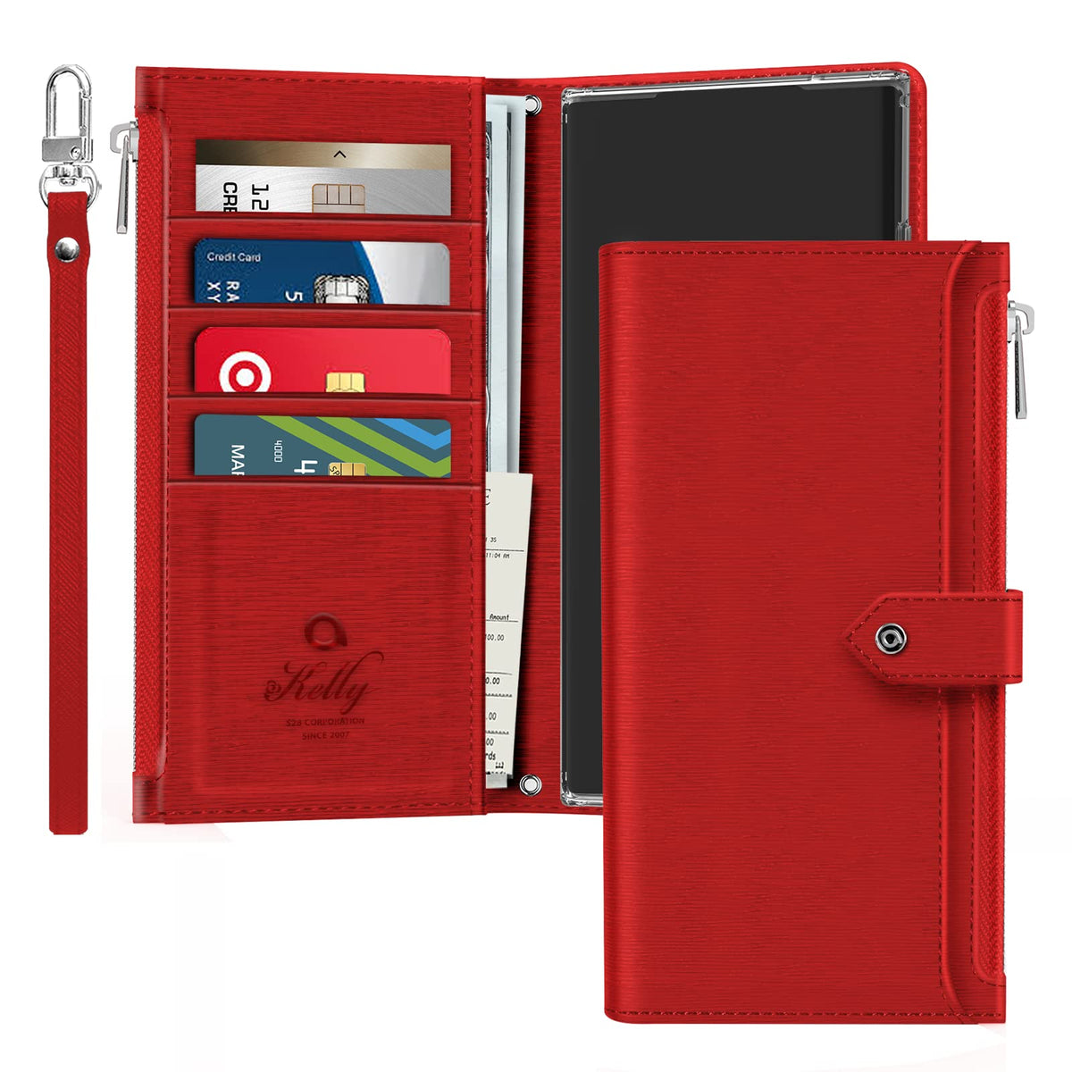 Just4You For Samsung Galaxy S23 Ultra Zipper Wallet Case With Strap Card Holder Folding Pu Leather Flip Phone Case For Women (Re