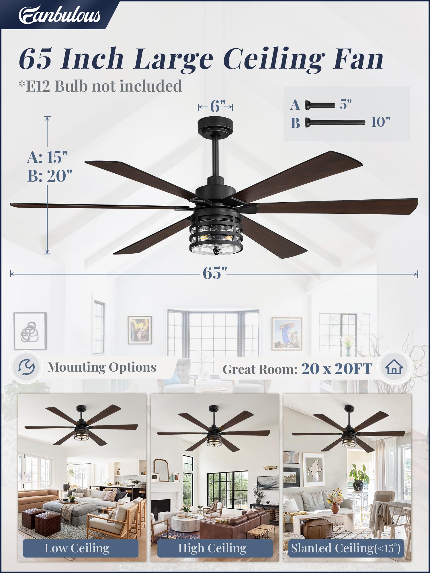 Fanbulous 65'' Farmhouse Ceiling Fans With Lights And Remote,Industrial Large Ceiling Fan With 6 Speed Reversible Dc Motor And 6
