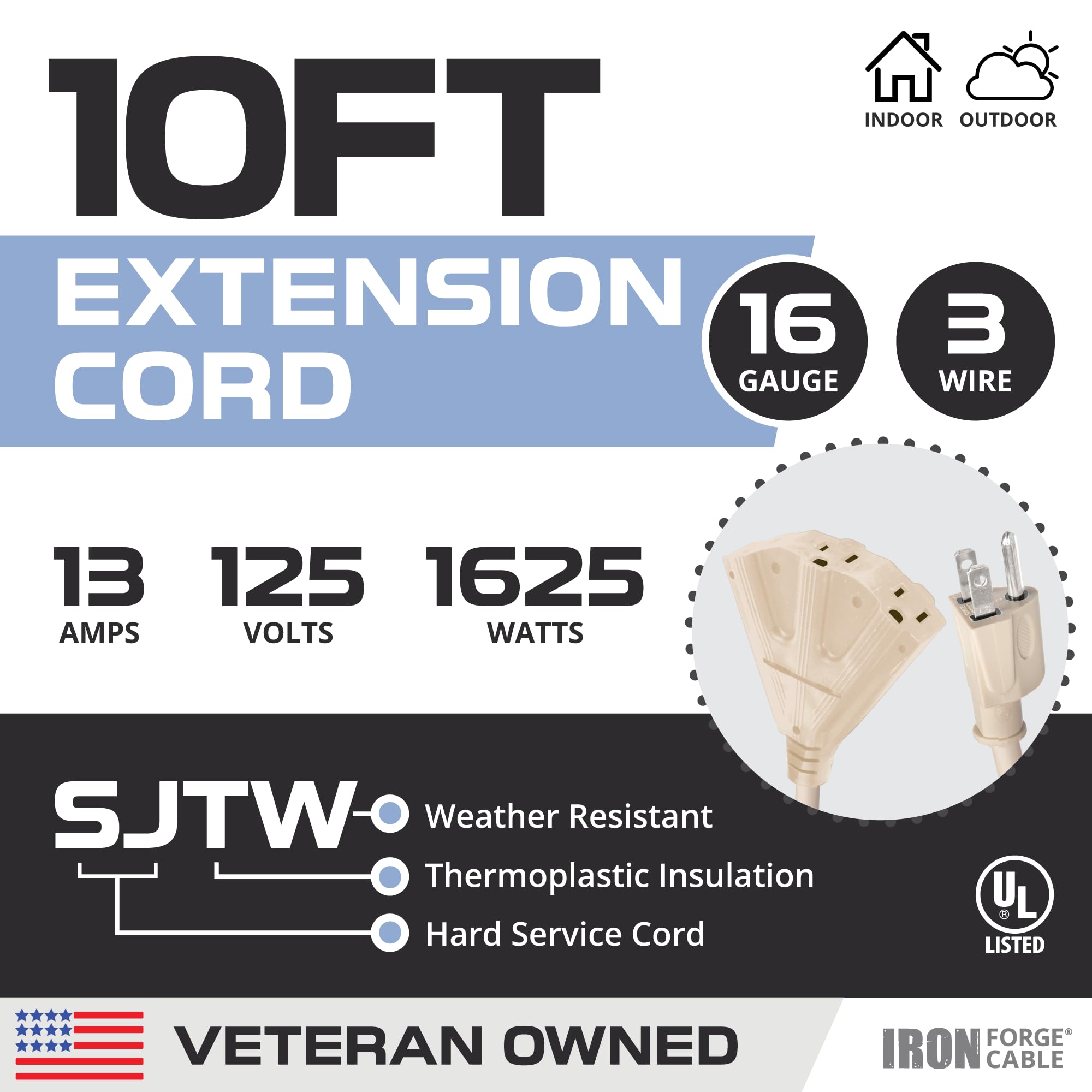 Iron Forge Cable Beige Outdoor Extension Cord 10 Ft   3 Outlet 16 Gauge 13 Amp Heavy Duty Power Extension Cords   Sjtw   Great F