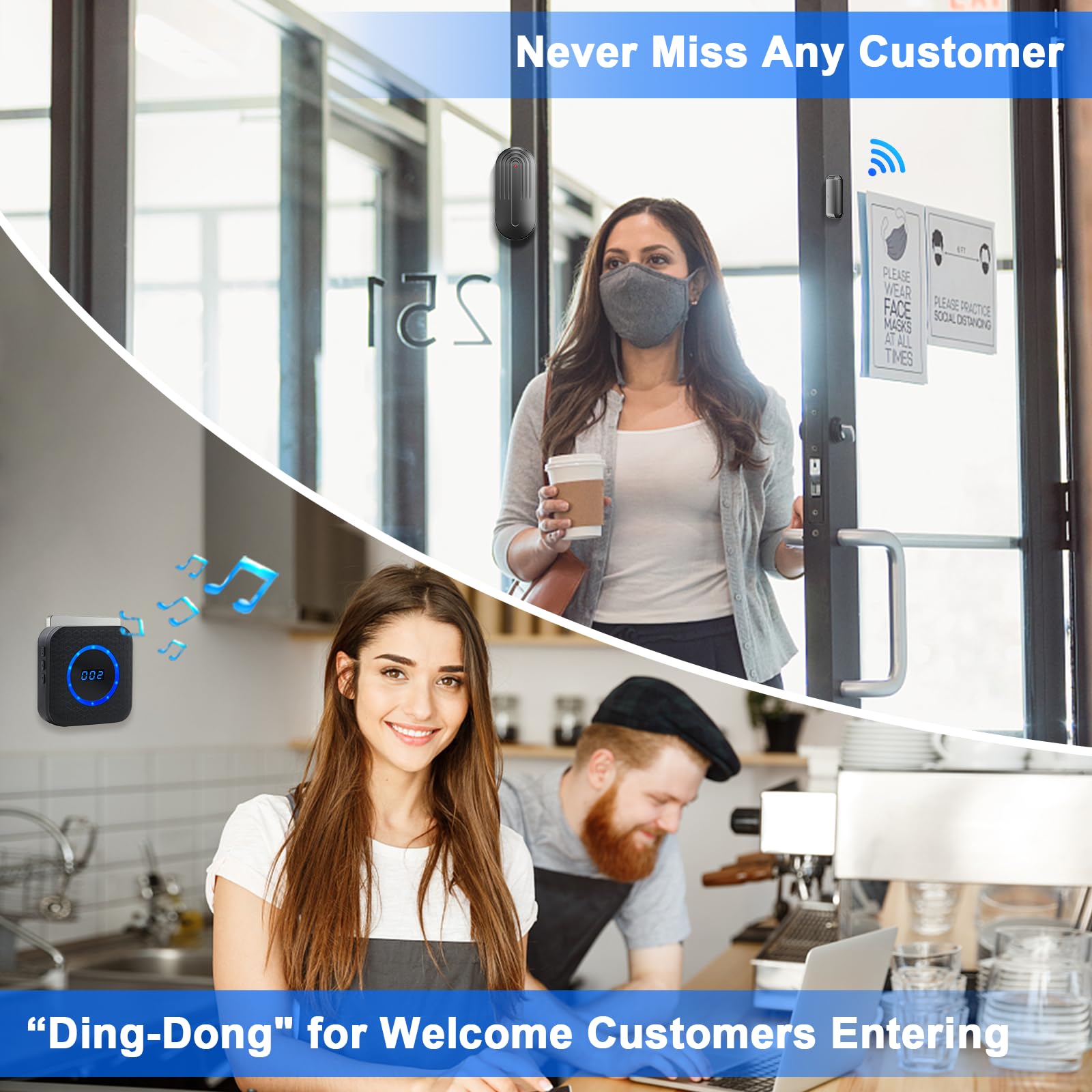 SanJie Wireless Door Chime - 800Ft Range, Adjustable Volume, 1 Sensor & 2 Receivers, Black, Model CC12BL 1-2