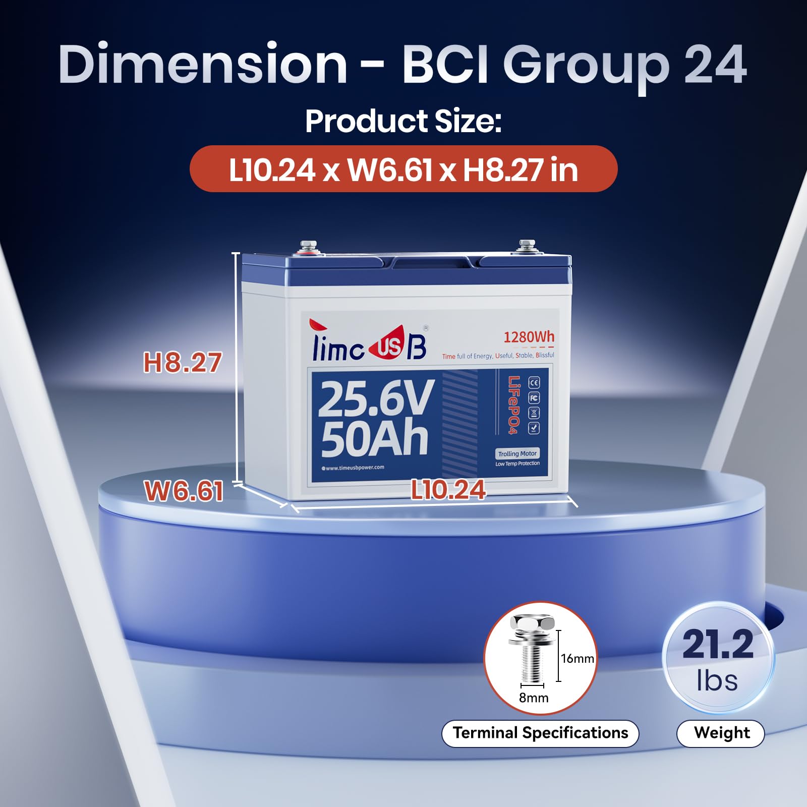 Timeusb 24V 50Ah Lifepo4 Lithium Battery Enhanced Version, Max Continuous Discharge 1.2C (60A), Ip65 Low-Temp Protection Deep Cy