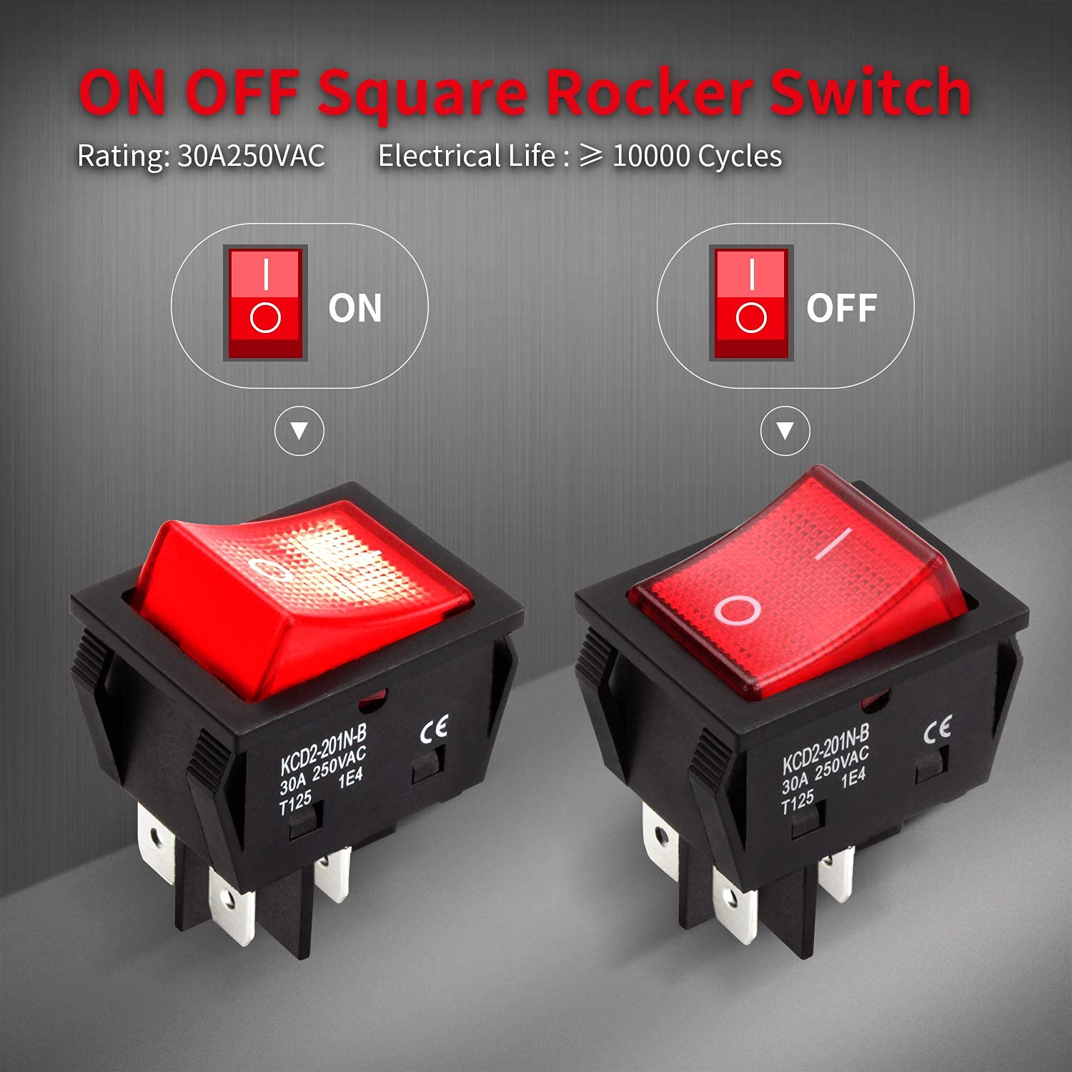 Daiertek 30A 250V Kcd2 Kcd4 Rocker Switch Dpst 4 Pin Red Lighted 120V Rocker Toggle Switch On Off Heavy Duty T125 3Pack